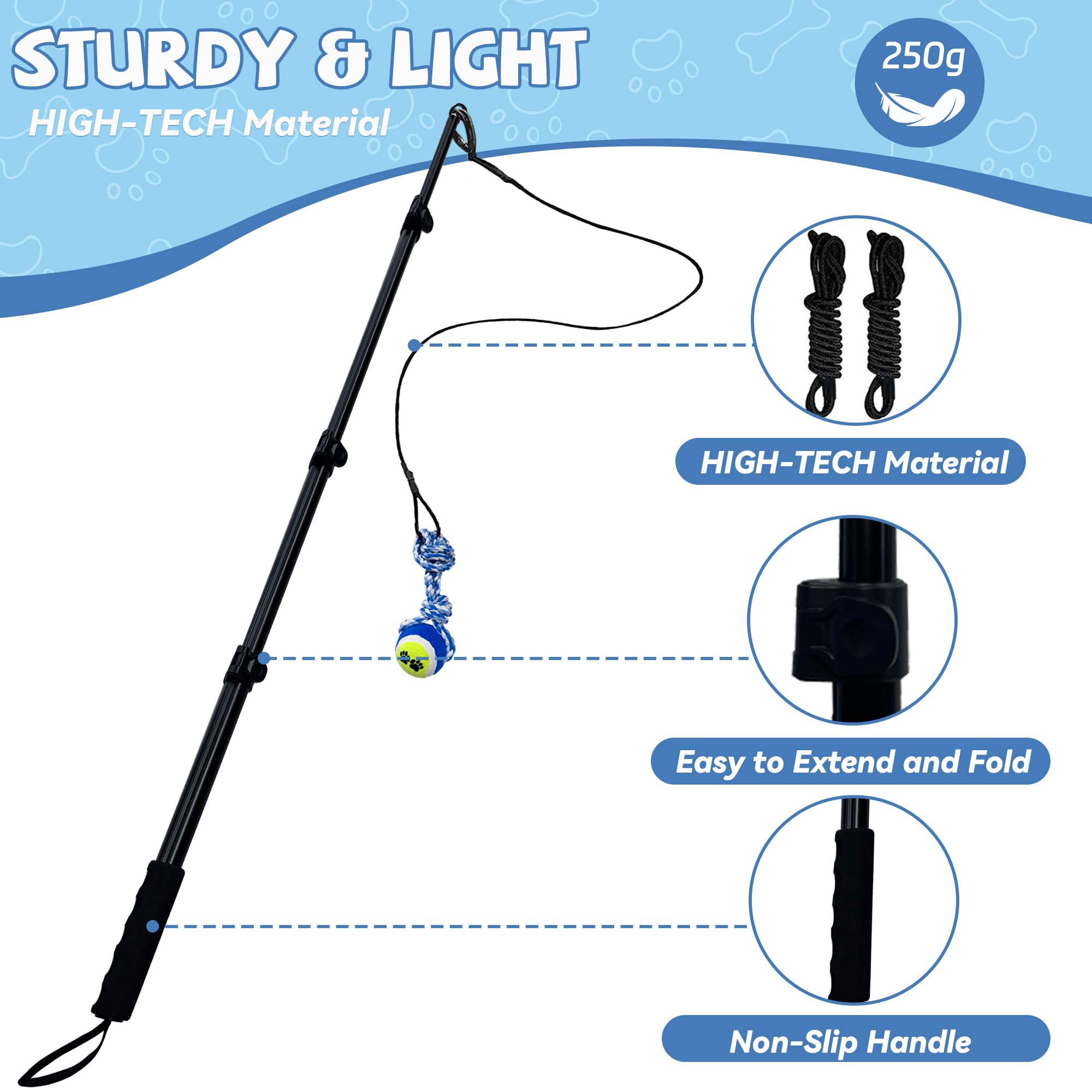 GRETMIX Flirt Pole for Dogs, Interactive Toys Tug-of-war for Dogs, Four-Section Retractable Adjustable Length, Chase Toys with R