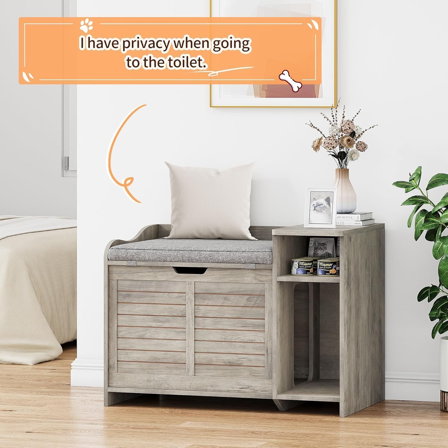 GAOMON Cat Litter Box Enclosure, Large Hidden Litter Box Furniture with Top Opening, Cushion, Storage Shelf, Litter Mat, Wooden