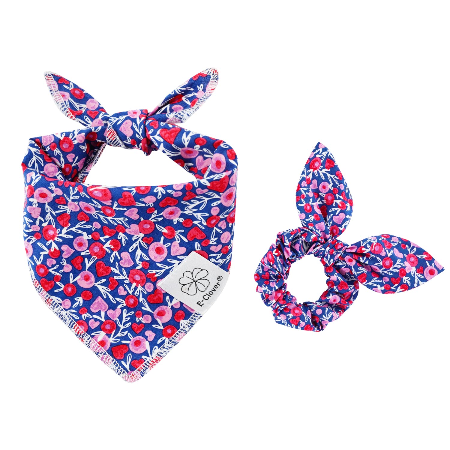 E-Clover Cute Girl Dog Bandanas & Matching Scrunchie Set Heart Dog Bandana Scarf With Bow Hair Ties For Medium Large Dogs Pet Ow