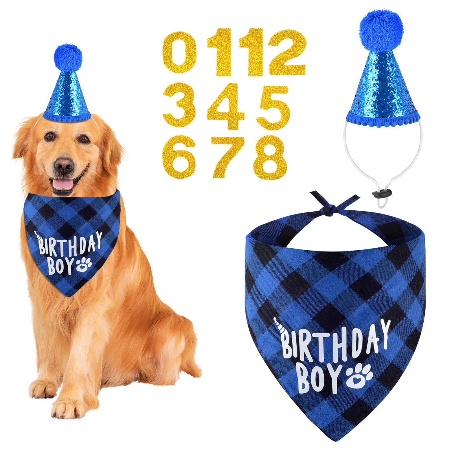 Dog Birthday Party Supplies - Bandana And Hat With Numbers For Small, Medium, Large Pets