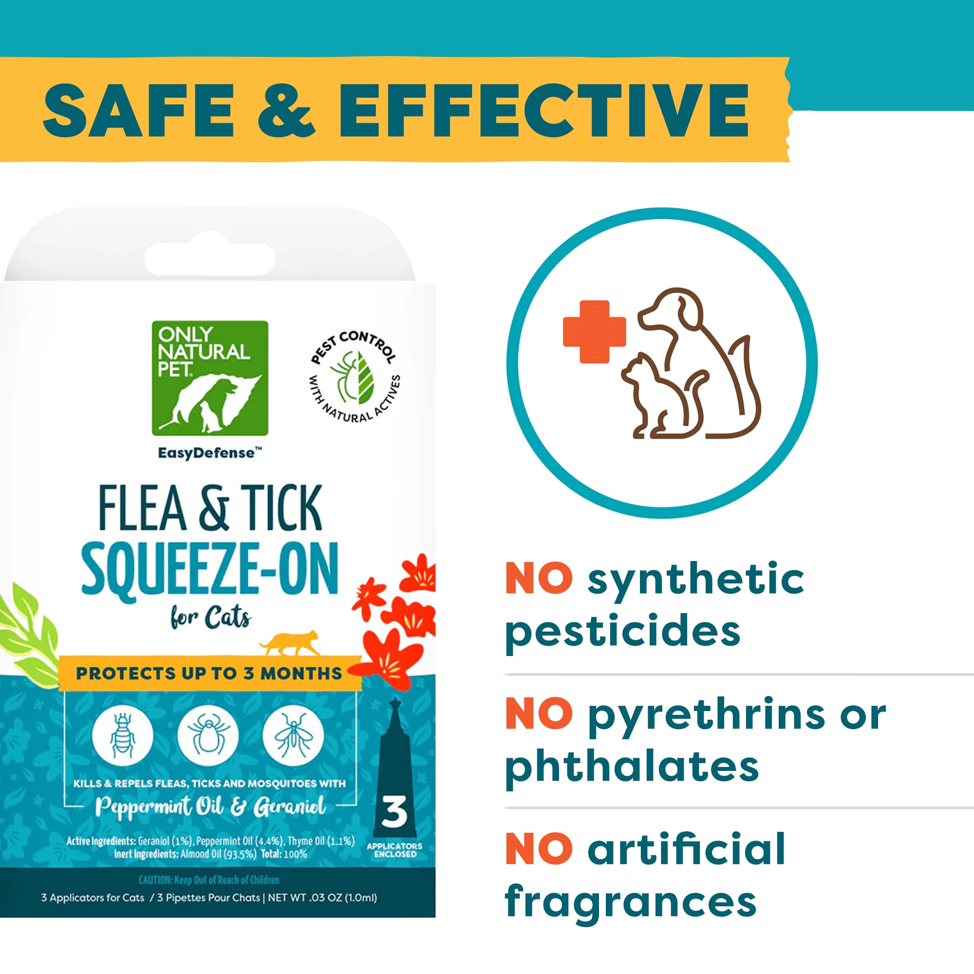 Only Natural Pet Flea and Tick Prevention for Cats - EasyDefense Squeeze-On Drops, 3-Month Supply, Model mp-999521