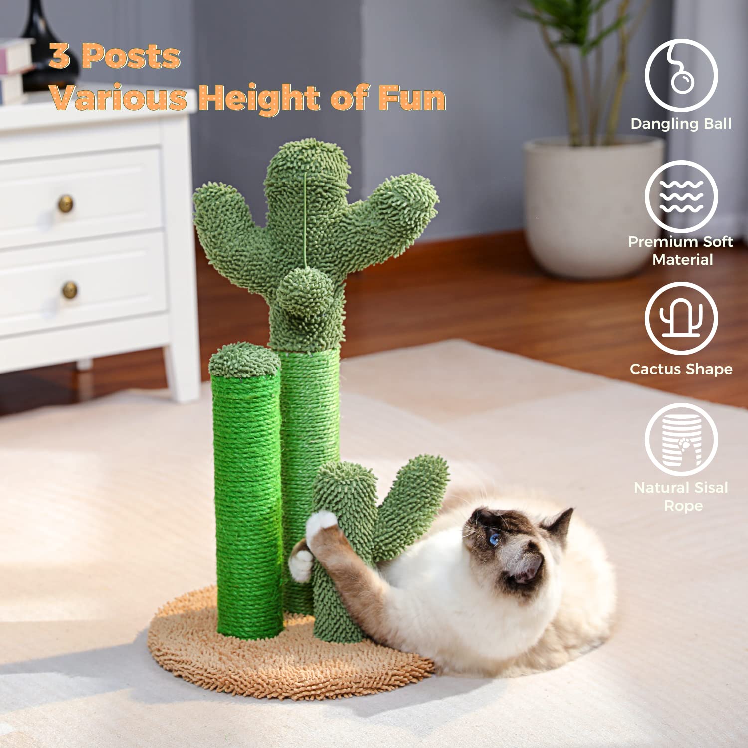 Pawz Road Cat Scratching Post Cactus Cat Scratcher Featuring With 3 Scratching Poles And Interactive Dangling Ball -Medium 23 Inches