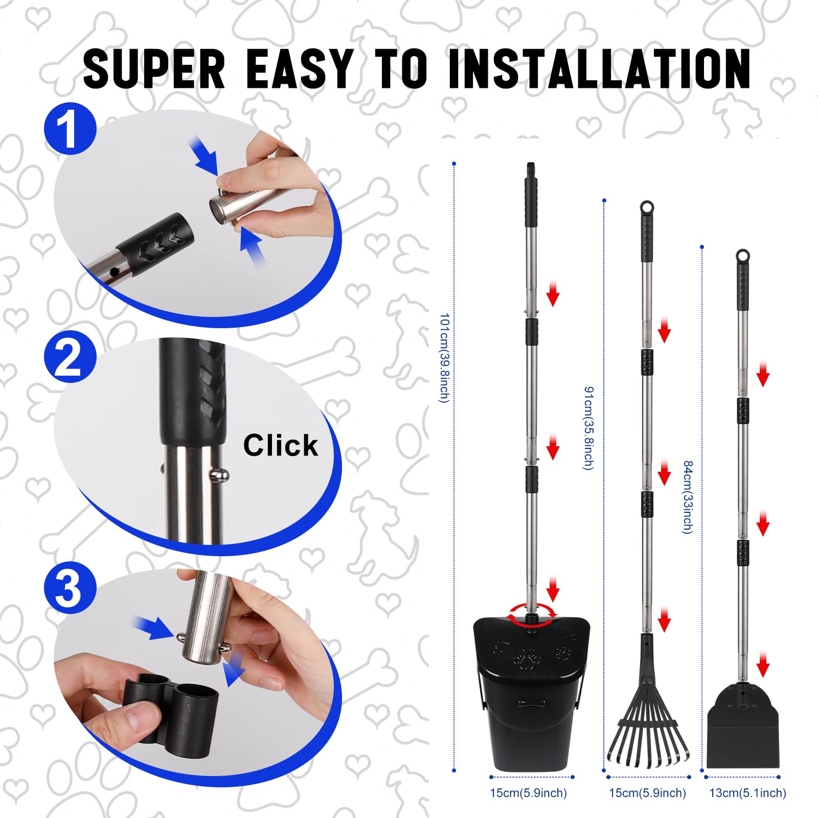 Lovinkiki Dog Poop Scooper With 20 Bag Attachment Long Handle Swivel Bin, Rake & Spade Heavy Duty Easy To Clean Pooper Scooper F