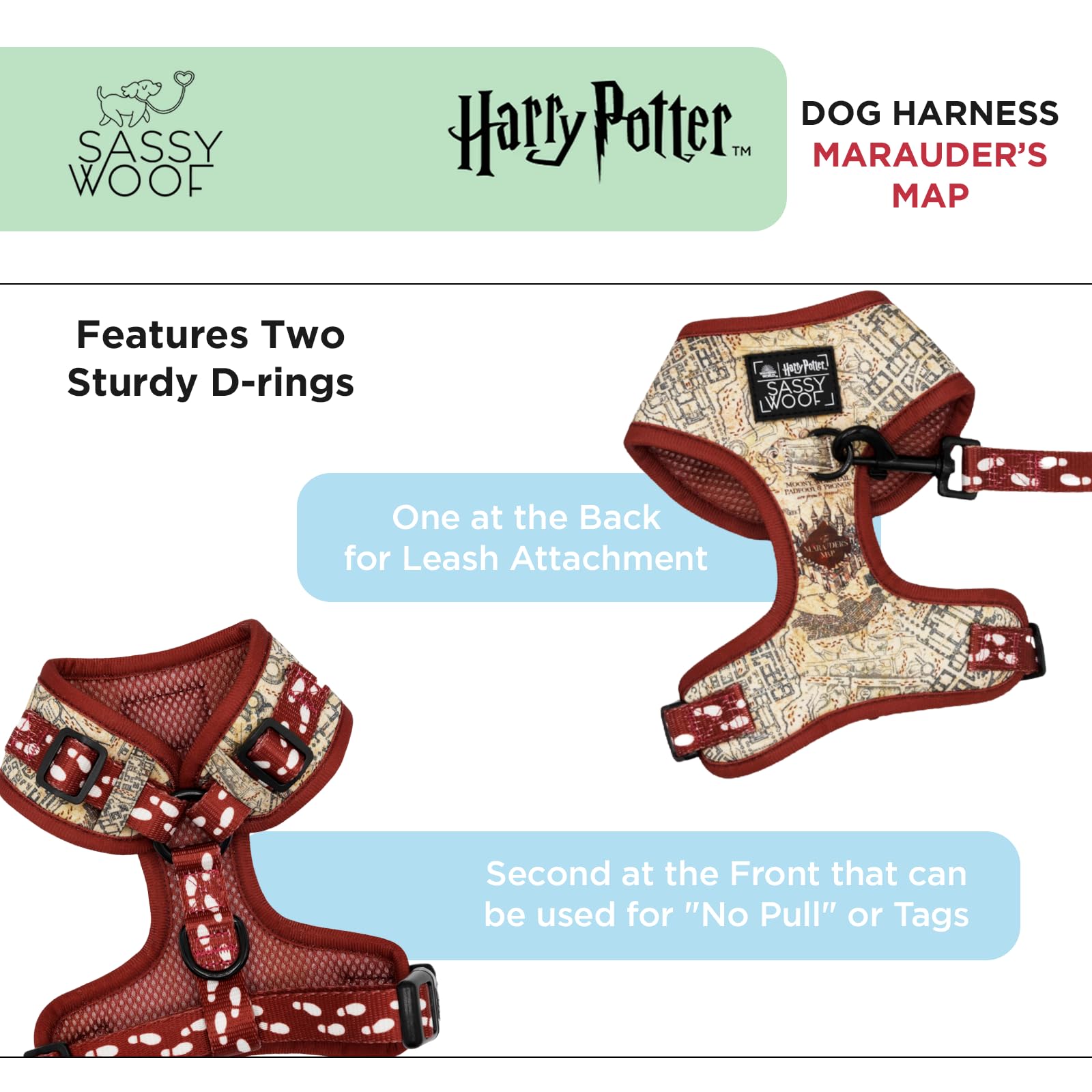 Sassy Woof Dog Adjustable Harness - Harry Potter Marauder'S Map - Xs, Breathable Mesh, No Pull Design With Two D-Rings, Perfect
