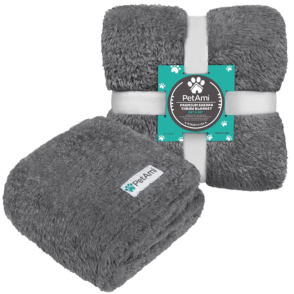 Petami Fluffy Dog Blanket For Small Medium Dog, Pet Blanket For Bed, Sherpa Furniture Couch Cover Protector, Soft Fleece Cat Sofa Throw, Shag Plush Reversible Washable For Puppy Kitten, Gray 29X40