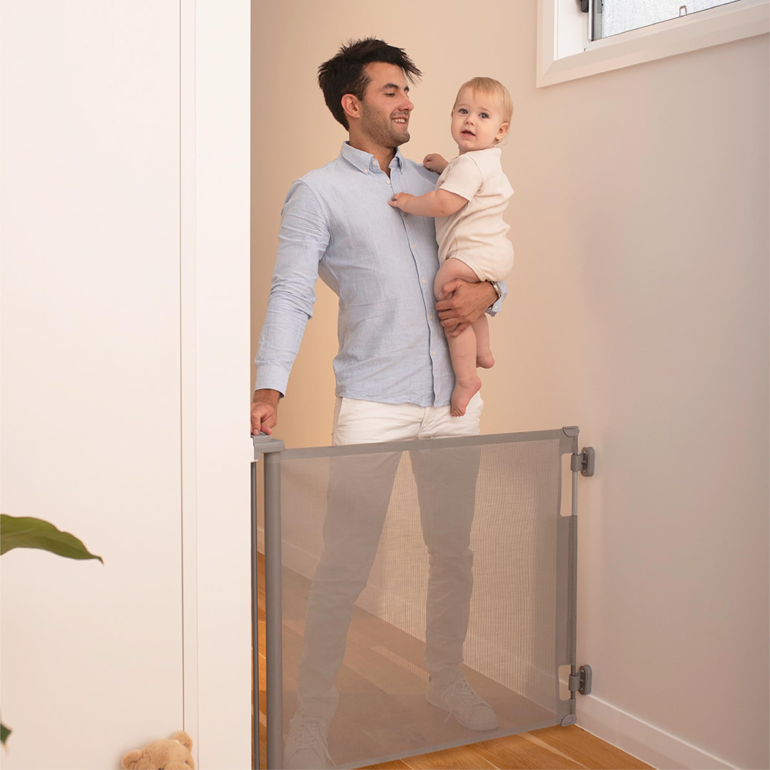 Retractable Baby Gate Perma Child Safety 33' Tall X 55” Wide, Mesh, For Stairs, Doorways, Dogs, Pets, Indoor, Outdoor, One-Handed Operation, Locking, Easy Install, Hardware Mount, Gray