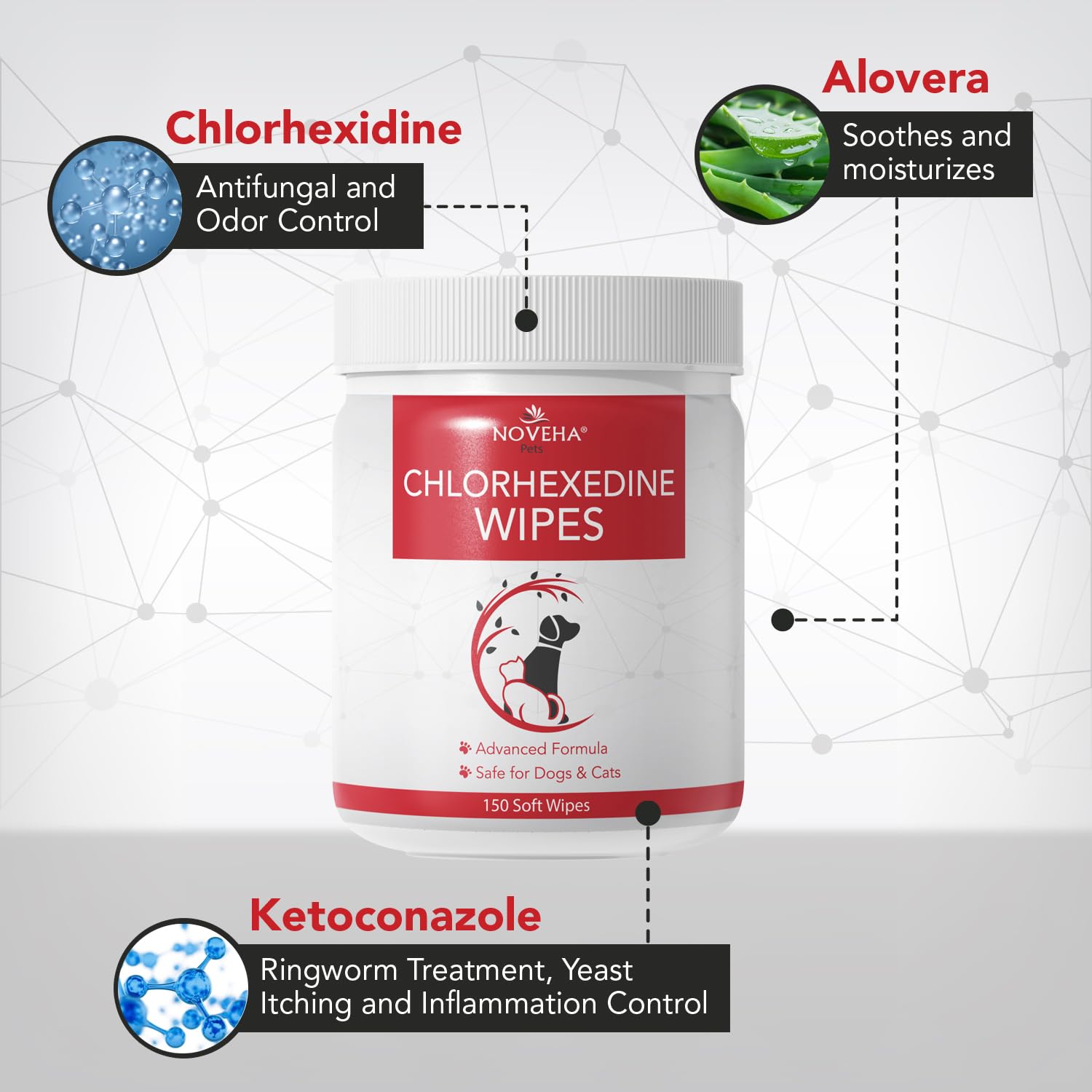 Noveha Pet Wipes - Formulated Pet Wipes - For Facial And Finger Folds, Underarms - 3'' X 2'' Size (150 Counts)