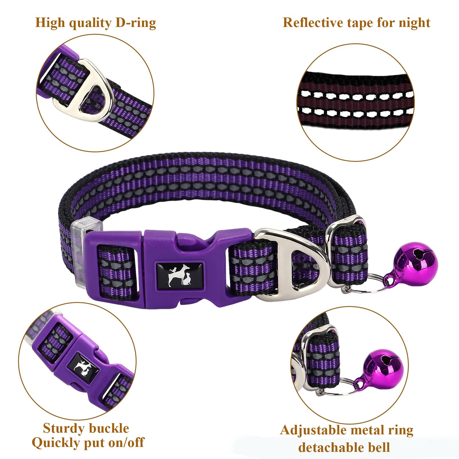 Onefojojo Reflective Dog Collar With Bell - Adjustable Nylon Puppy Collar For Small Dogs, Chihuahua Pomeranian - Night Safety (P