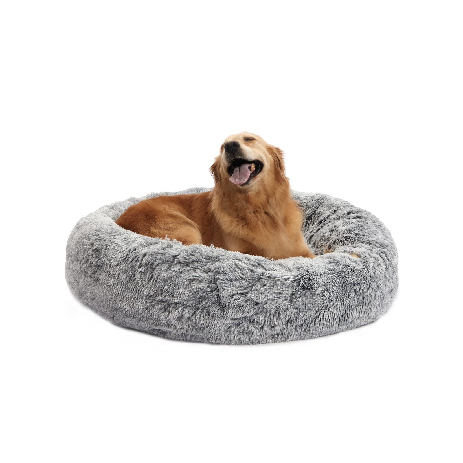 Bedfolks Calming Donut Dog Bed, 36 Inches Round Fluffy Dog Beds For Large Dogs, Anti-Anxiety Plush Dog Bed, Machine Washable Pet Bed (Dark Grey, Large)