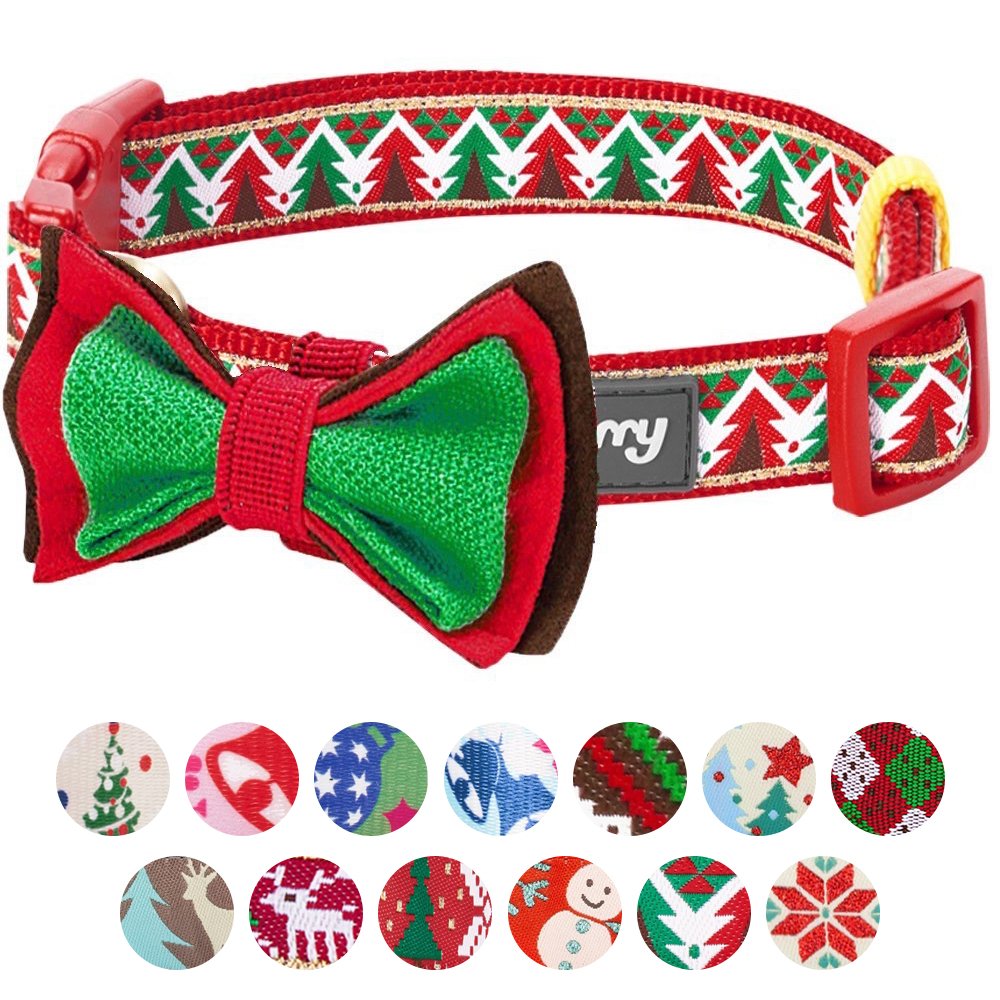 Blueberry Pet 4 Patterns Christmas Charm Breezy Trees Adjustable Dog Collar With Detachable Bow Tie, Small, Neck 12'-16'
