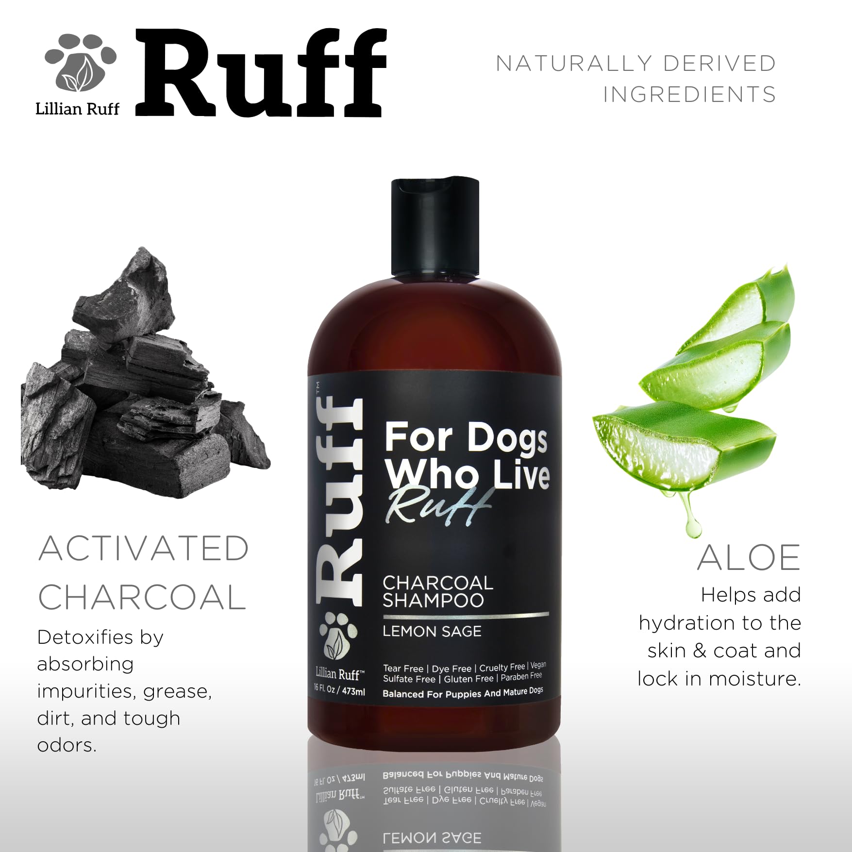 Ruff By Lillian Ruff Activated Charcoal Pet Shampoo - Deep Cleanser, Deodorizer, Stain Remover - Lemon Sage Scent, Ph Balanced,