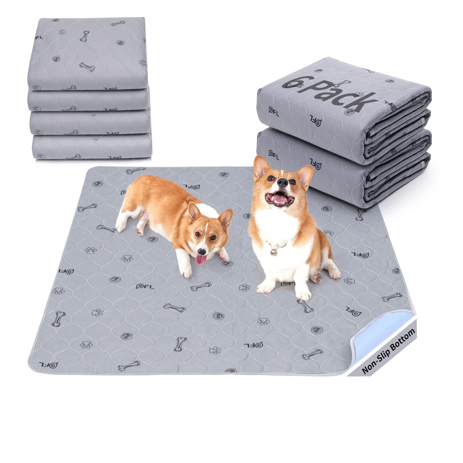 Washable Pee Pads For Dogs, 6Pack Reusable Puppy Pads, Absorbent Whelping Pads With Bone Print, Non-Slip Waterproof Pet Training