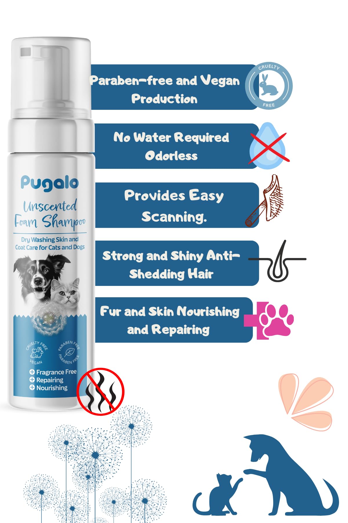 Waterless Cat & Dog Shampoo - 200Ml (6.76Oz) Unscented Dry Foam Cleanser & Conditioner - No-Rinse Deshedding Shampoo For Smelly