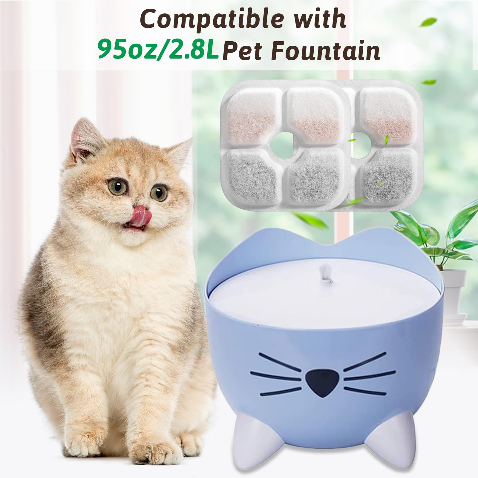 Cat Water Fountain Replacement Filters Fit For 2.5L Fountain With Whiskers Pattern Triple Action Water Pet Cat Drinking Fountain