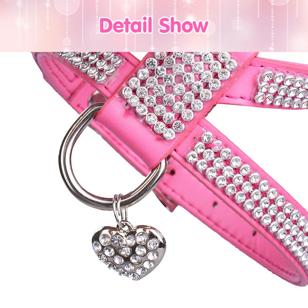 Expawlorer Pet Harness-Rhinestone Bling Small Cat Harness With Heart Pendant, Soft Genuine Leather Padded Dog Harness Small Sized Dog For Puppy Cat, Pink