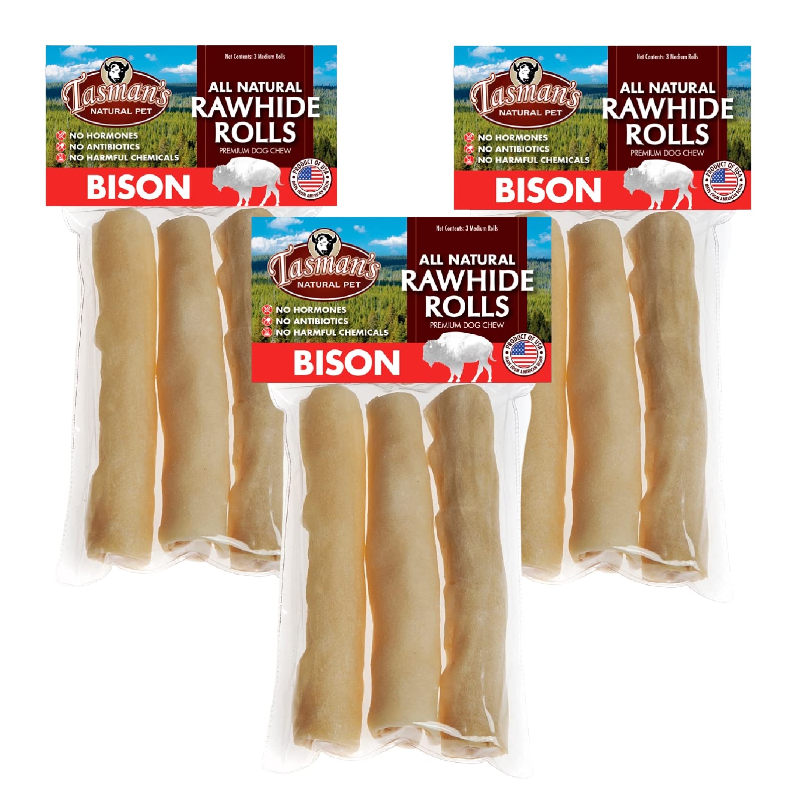 (3 Pack) Tasmans Natural Pet All-Natural Buffalo (Bison) Collagen-Based Rolls, 3 Medium Rolls Each
