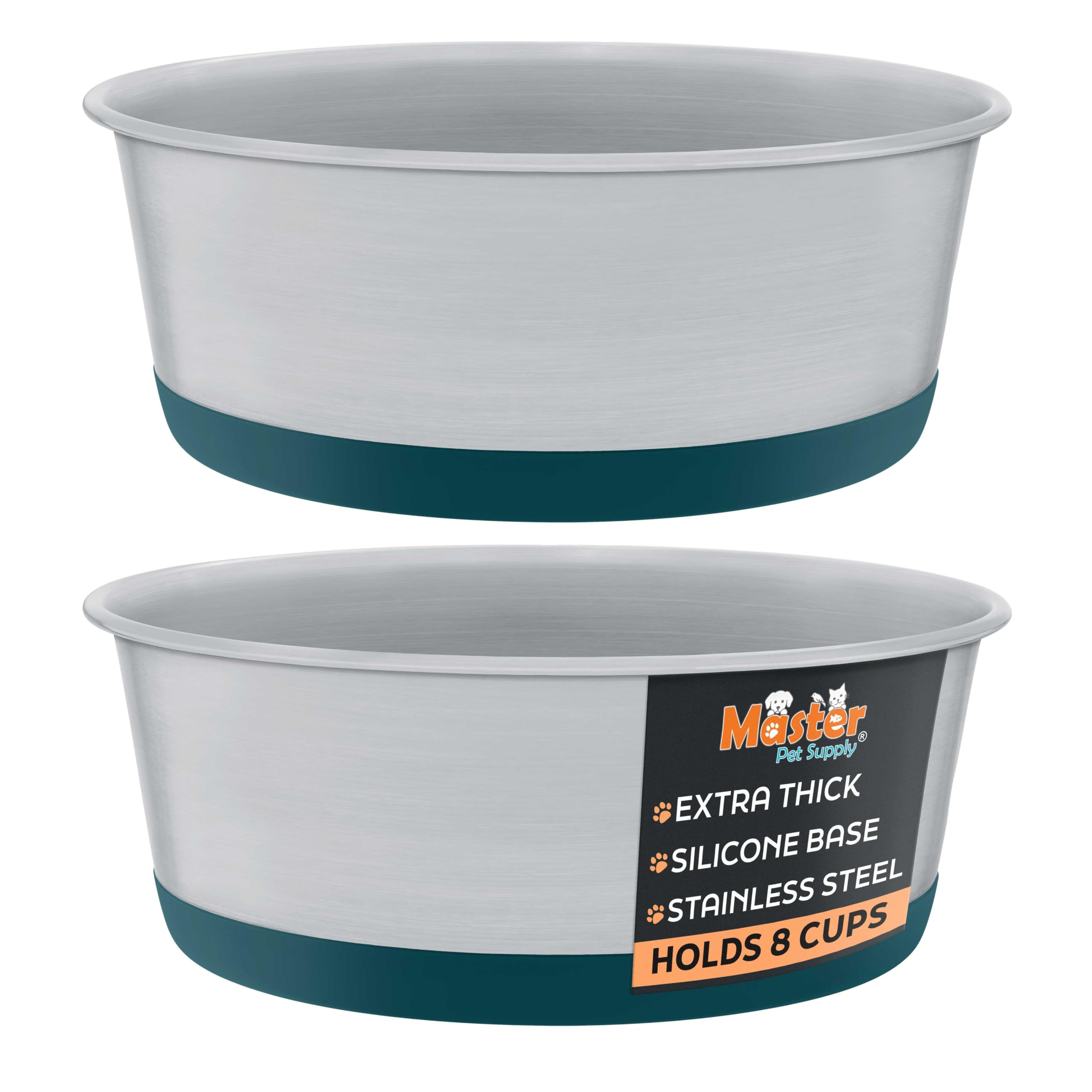 Master Pet Supply Stainless Steel Dog Bowls Set of 2 with Extra Thick Silicone Base - 8 Cup (64 oz) Emerald Sea, Non-Slip, Dishw