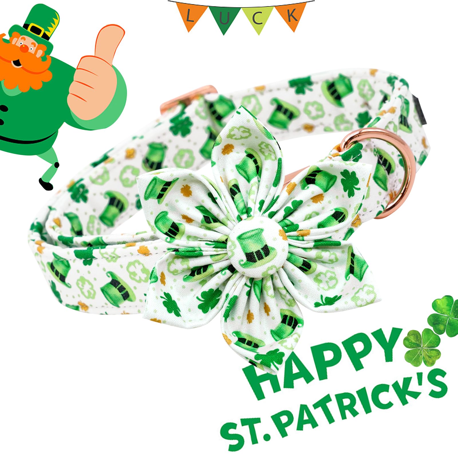 Lionheart Glory St. Patrick'S Day Collar With Flower Bows For X-Small Dogs, Green Lucky Clover Shamrock Collar