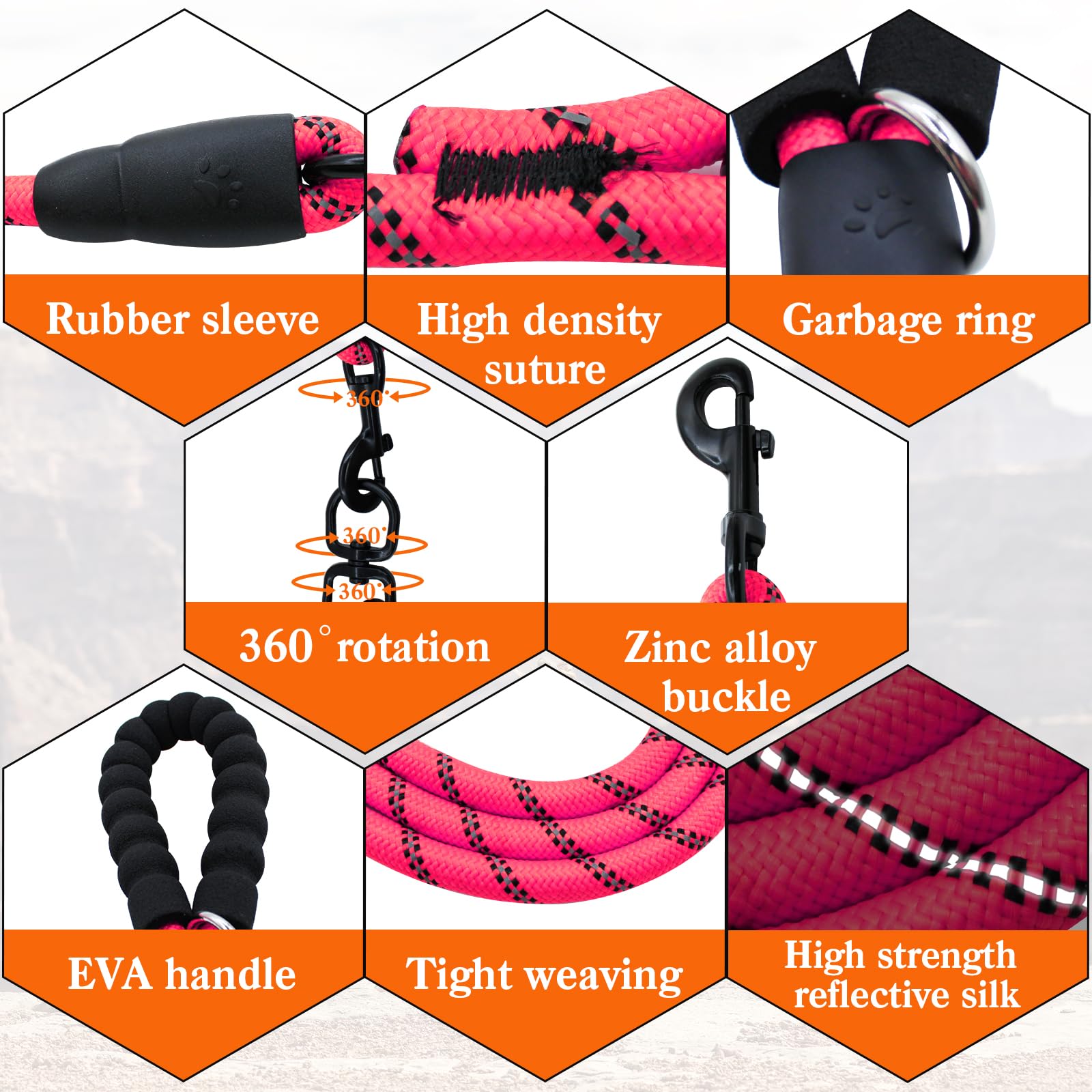 Six-Way Dog Leash - 360 Swivel, No-Tangle, Reflective For Walking & Training (Six Leashes, Pink)