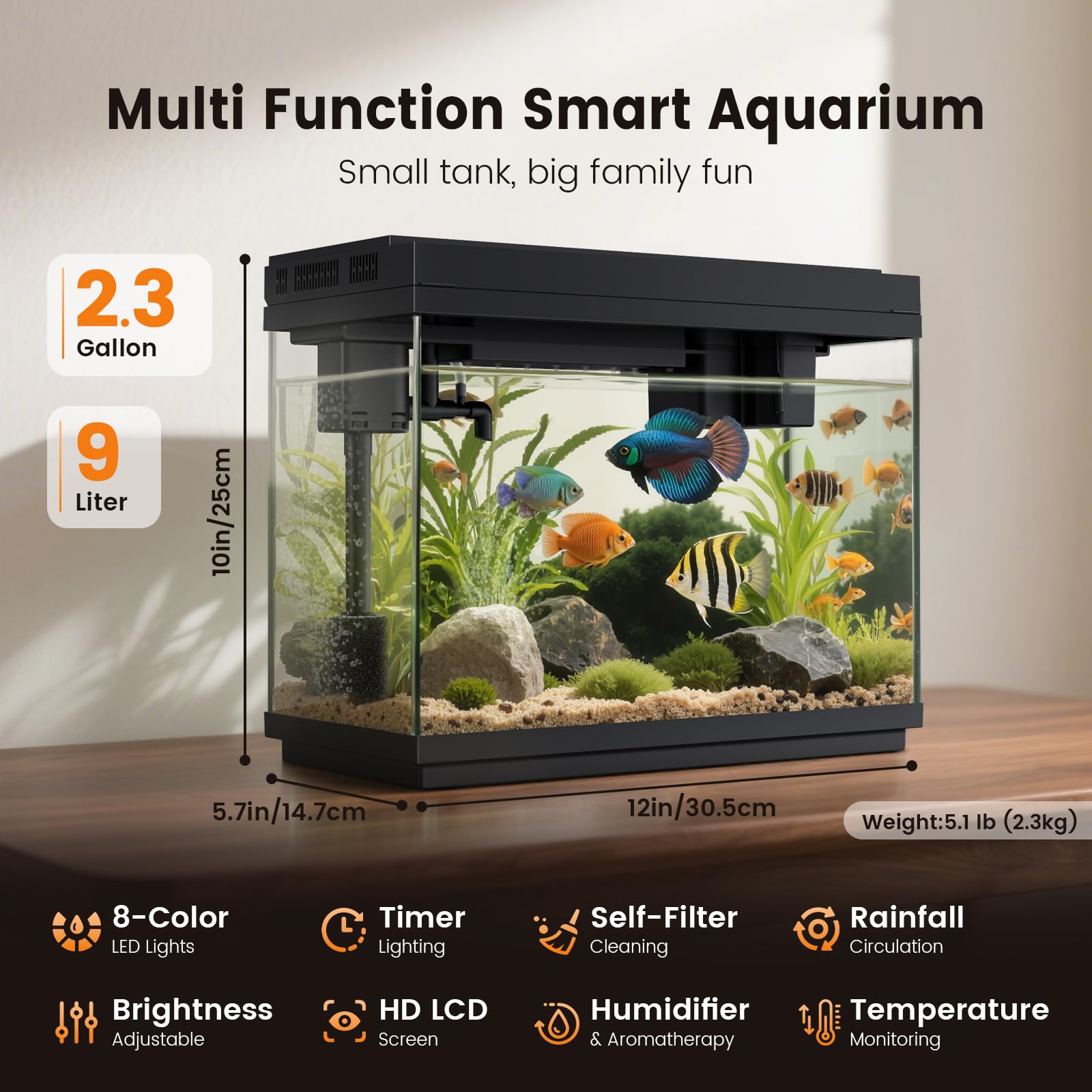 Fishkeeper 2.3G Smart Aquarium - Ultra Clear Glass Fish Tank w/Auto Timer 8-Color RGB Lights, 4-in-1 Self-Cleaning Silent Water