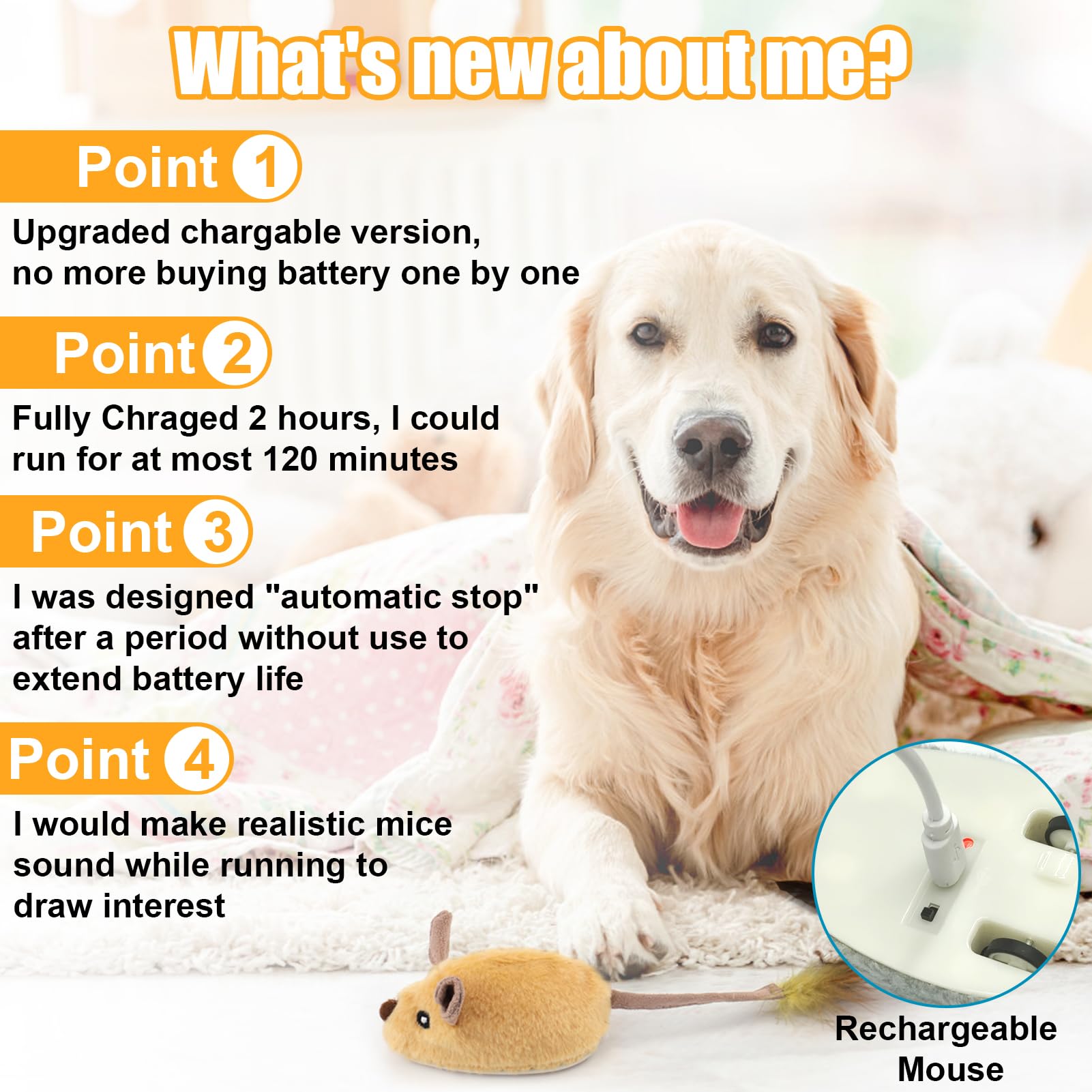 Mity rain Interactive Dog Toys, Fake Mouse Moving Dog Toy with Automatic Sensor, Dog Mouse Toy with Realistic Sound & Extended T