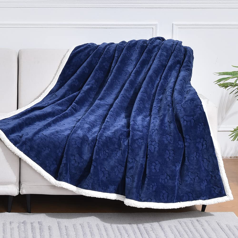 Qeils Dog Blankets For Large Dogs - Waterproof Cat Blanket Washable - Sherpa Fleece Puppy Blanket, Soft Plush Reversible Throw Protector For Bed Couch Car Sofa, 60'X80', Navy Blue