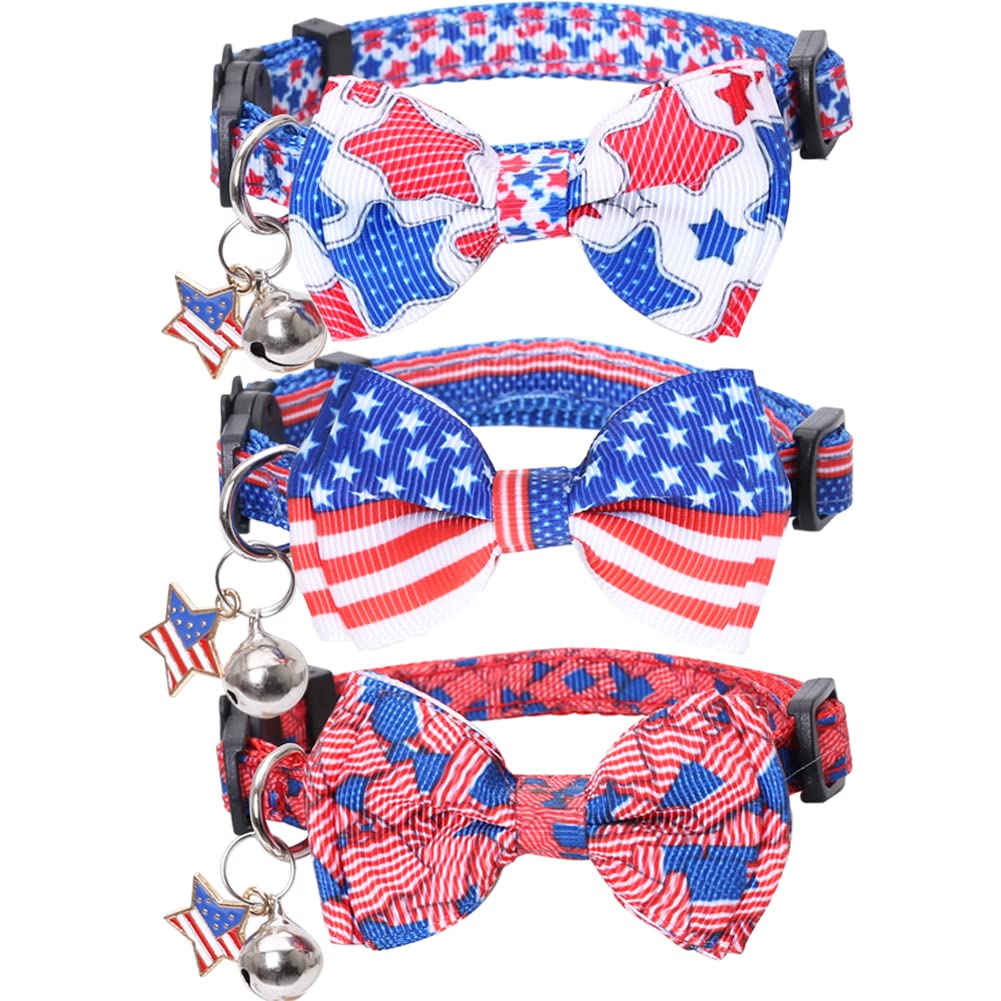 American Flag Cat Collar With Bell Bow Tie Star Breakaway Adjustable For 4Th Of July Independence Day