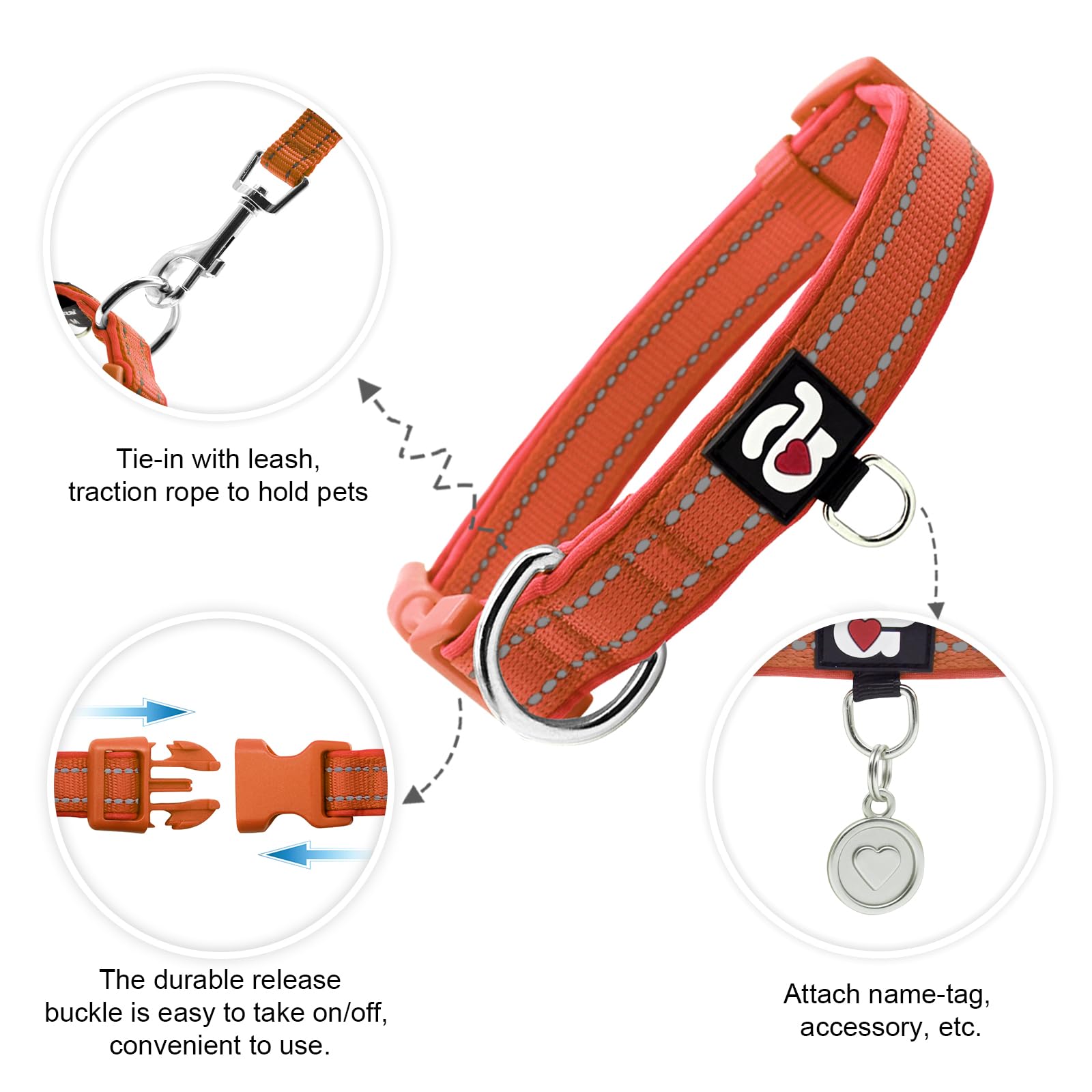 Azuza Reflective Dog Collar, Soft Neoprene Padded Pet Collar With Id Tag Ring, Adjustable For Large Dogs,Rust Red,L