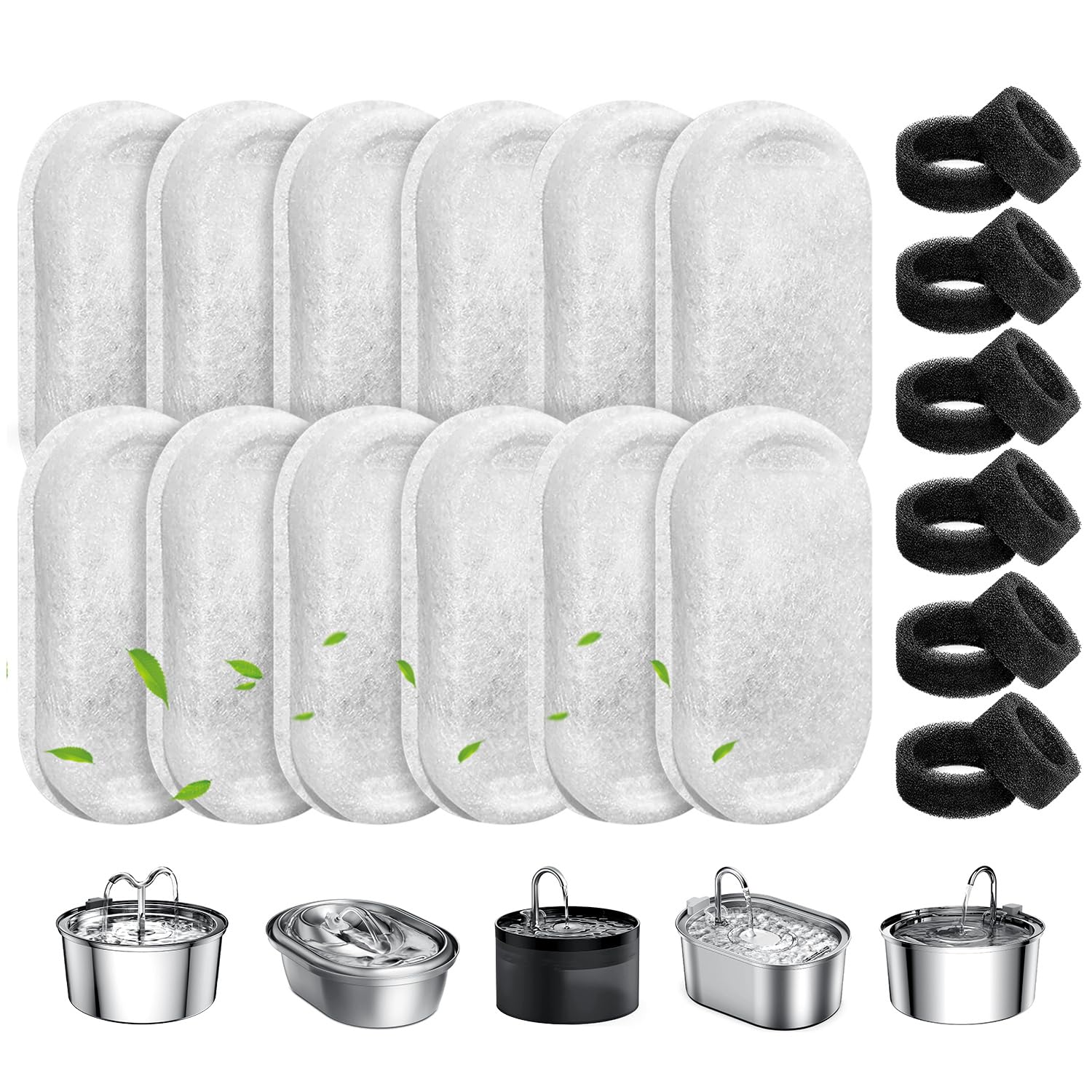 Cat Water Fountain Filters, 8 Pack Pet Replacement Filters with 8 Sponges for Stainless Steel 67oz/2L, 108oz/3.2L and 135oz/4.0L