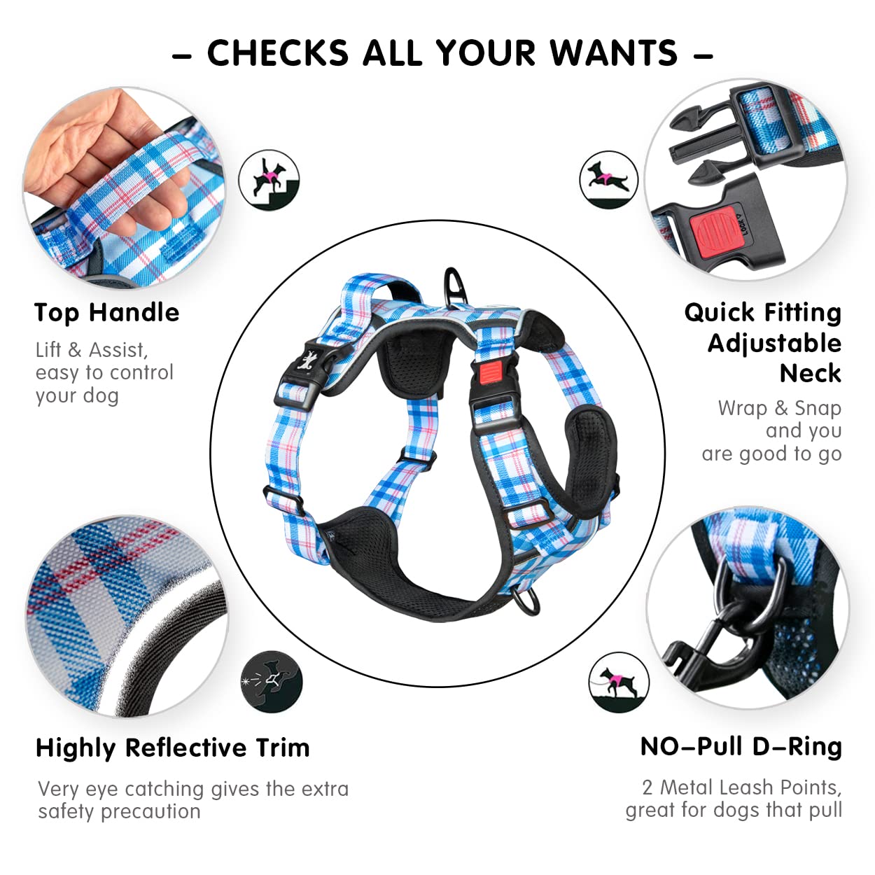 Poypet No Pull Dog Harness, [Release At Neck] Reflective Adjustable No Choke Pet Vest With Front & Back 2 Leash Attachments (Che