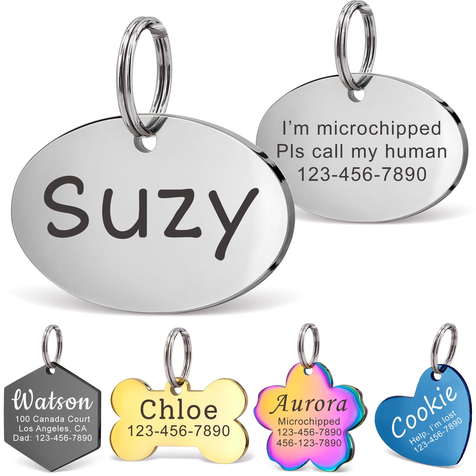 Anavia Personalized Pet Id Tags, Stainless Steel Glossy Laser Engraved Dog Cat Collar Name Tags, Multiple Colors Shapes Sizes (O