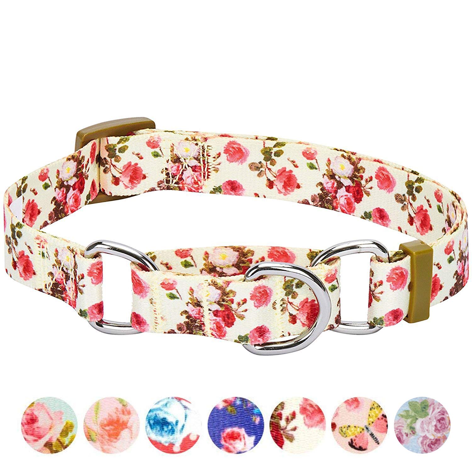 Blueberry Pet Spring Scent Inspired Rose Print Martingale Safety Training Dog Collar, Ivory, Medium, Heavy Duty Adjustable Colla