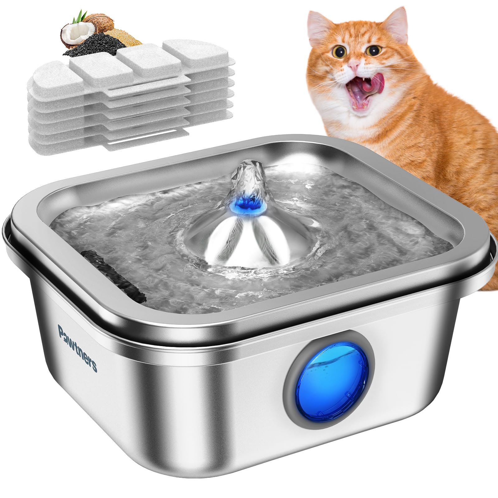 Cat Water Fountain Stainless Steel, 4L/135Oz Cat Fountain, Automatic Dog Drinking Dispenser With Water Level Window, 6 Filters, 