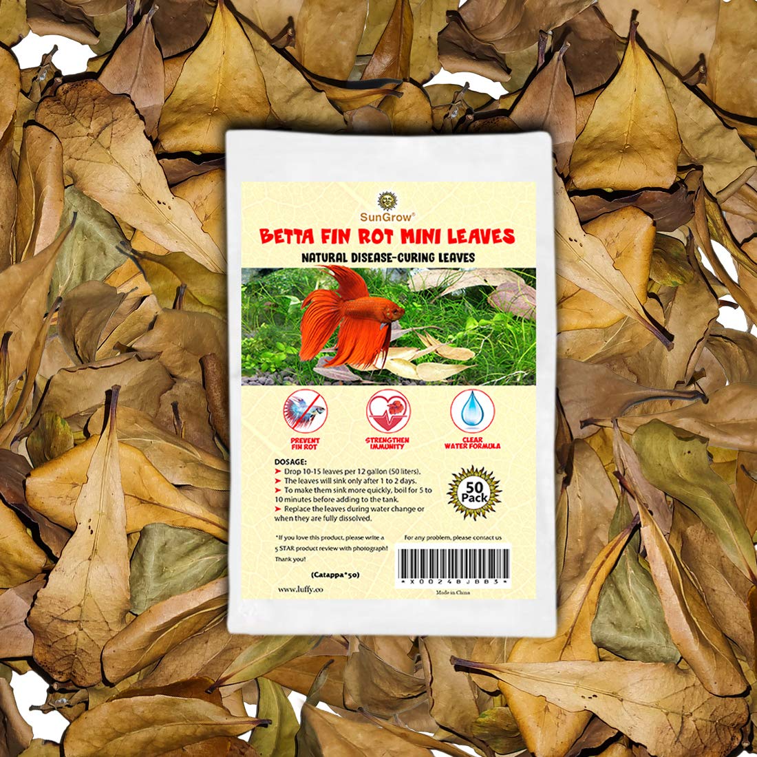 SunGrow 50 pcs Betta Fin Rot Treatment Catappa Indian Almond Leaves, 2, Betta Water Conditioner Leaves for Fish Tank Aquarium, L