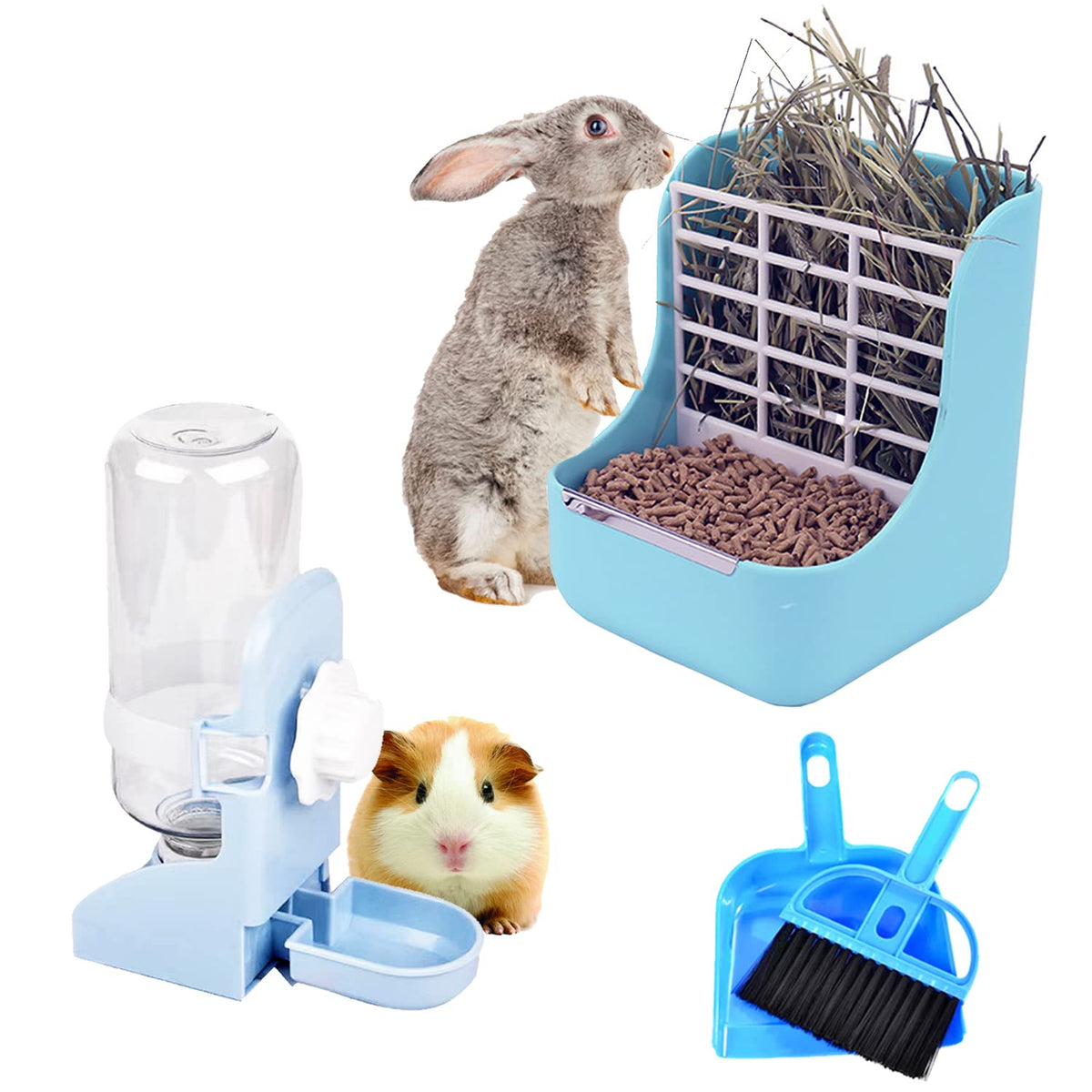 Hercocci Pet Feeder And Water Bottle Set, Large Blue (500Ml), Durable Hay Food Bin Feeder, Food Bowl, Gravity-Fed Water Dispenser For Rabbit, Guinea Pig, Chinchilla