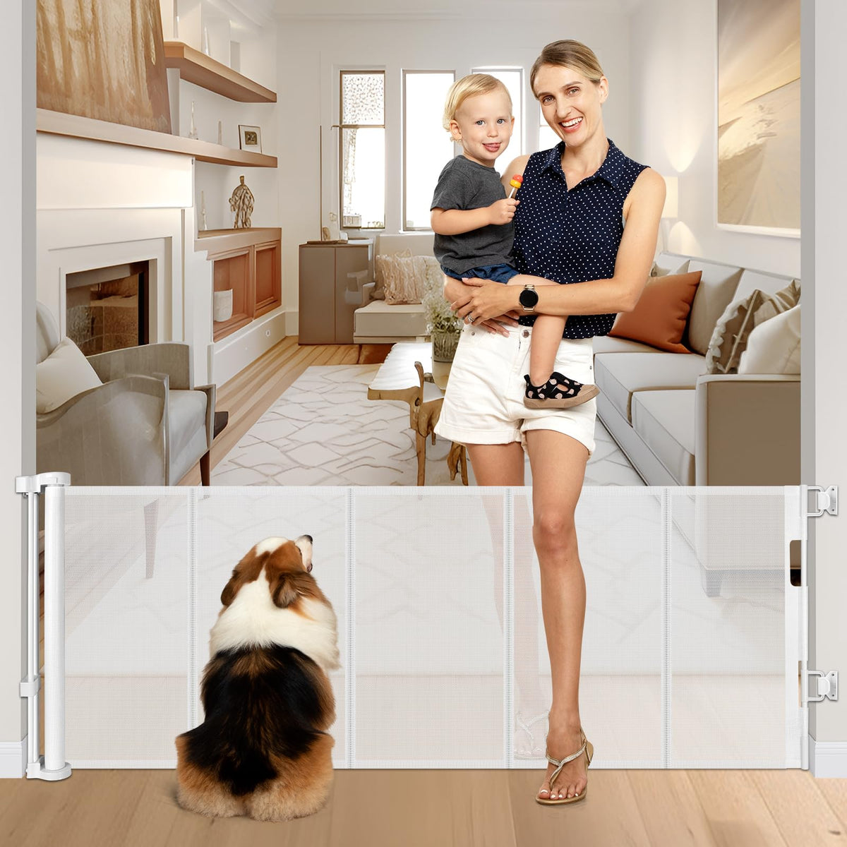 Reinforced 28 Inch Tall Retractable Baby Gates for Dogs, Easy Step Over Pet Gate with Support Rods, 55'' Wide Retractable Dog Ga