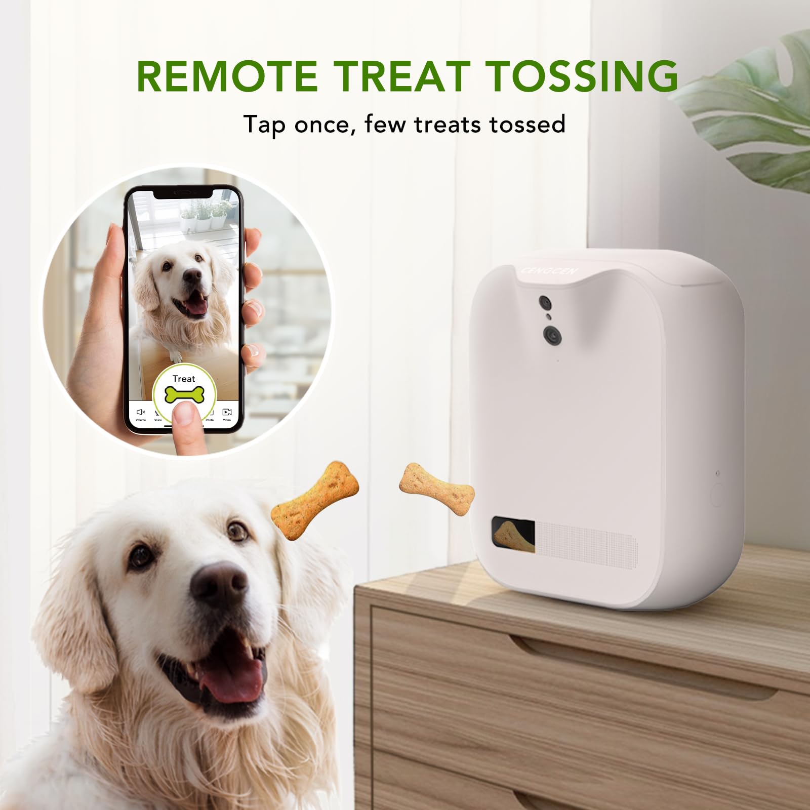 Cengcen Pet Monitoring Camera Dog Treat Dispenser [New 2023 Pro] Two-Way Audio Hd Wifi Dog Camera With 130 View, Remote Tossing