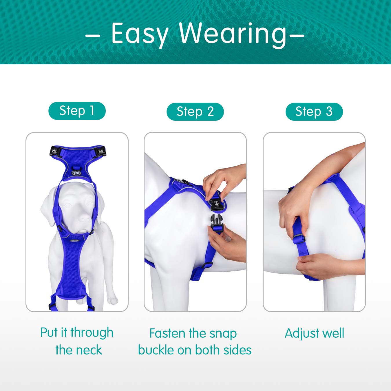 Poypet Reflective Soft Breathable Mesh Dog Harness Choke-Free Double Padded Vest With Adjustable Neck And Chest(Royal Blue,Xl)