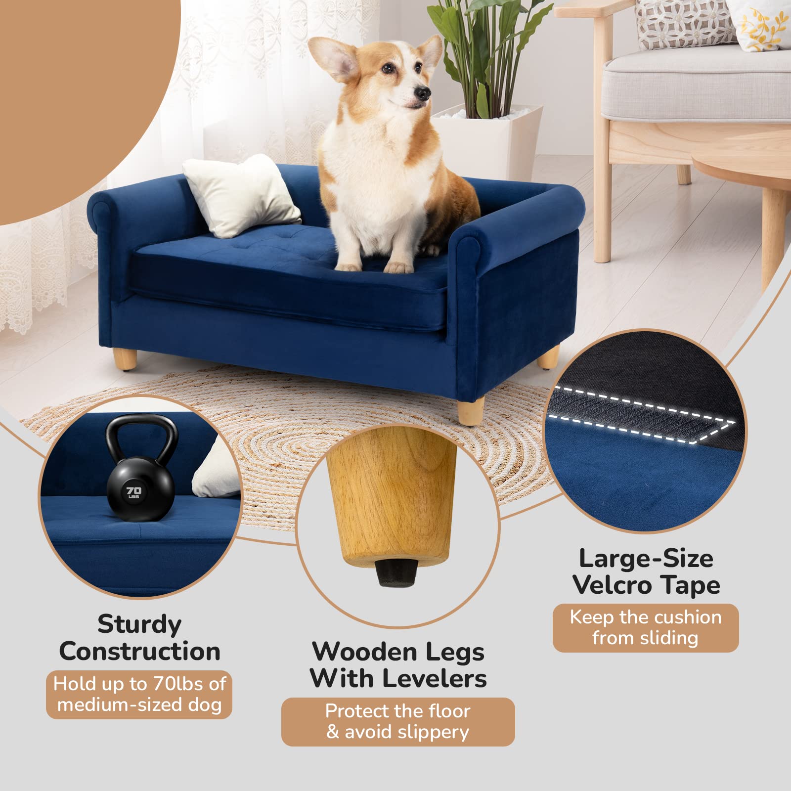 dCee Medium Dog Sofa, Holds Up to 70 Lbs, 33 in. Soft Velvety Dog Couches, Pet Sofa for Comfort Sleep and Joint Support, Navy