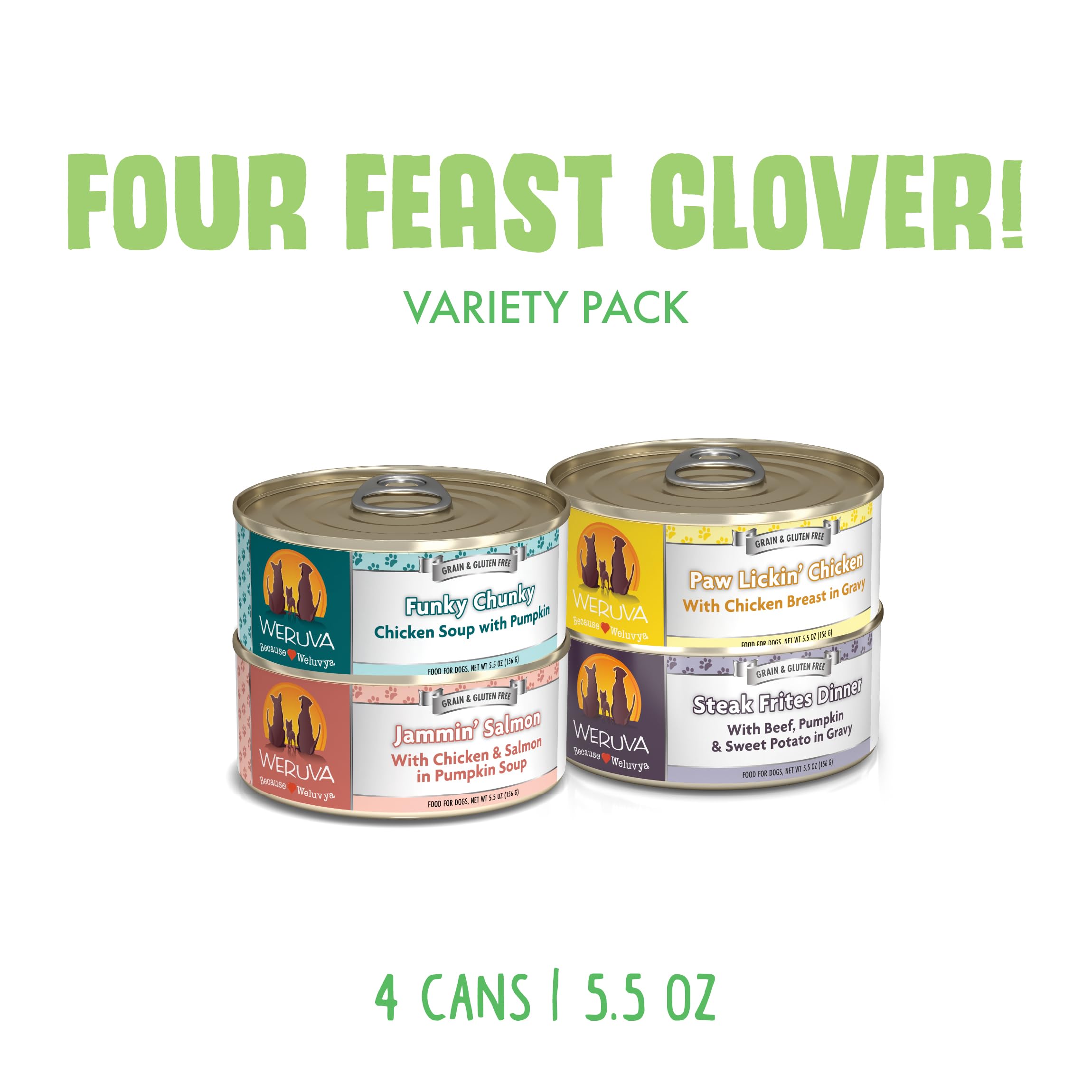Weruva Classic Dog Food, Four Feast Clover Trial Variety Pack, 5.5oz Can, Pack of 4
