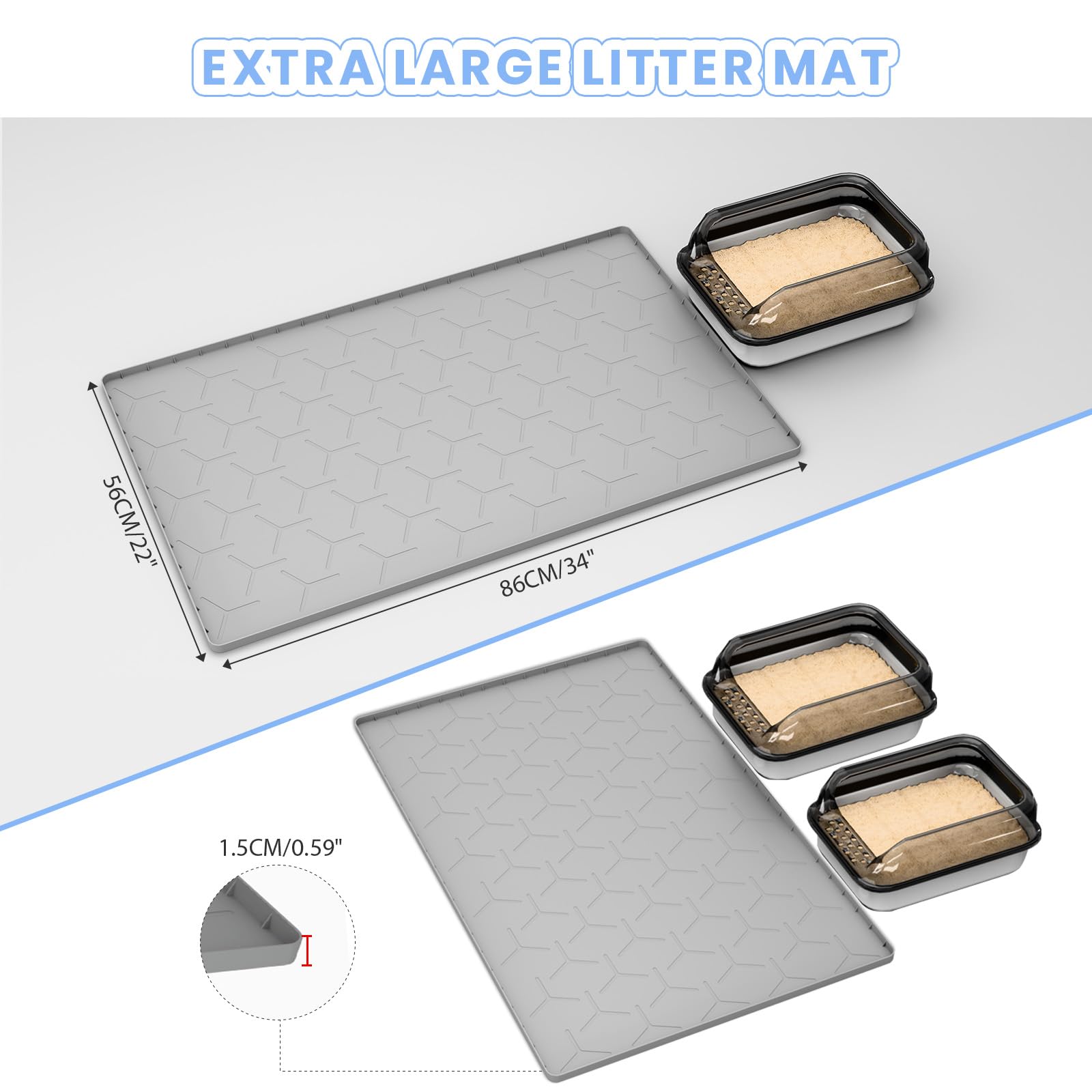 Large Silicone Cat Litter Mat: Easy To Clean Kitty Scratch Pad Soft And Waterproof Litter Box Trapping Mat (22'X34'- Grey)