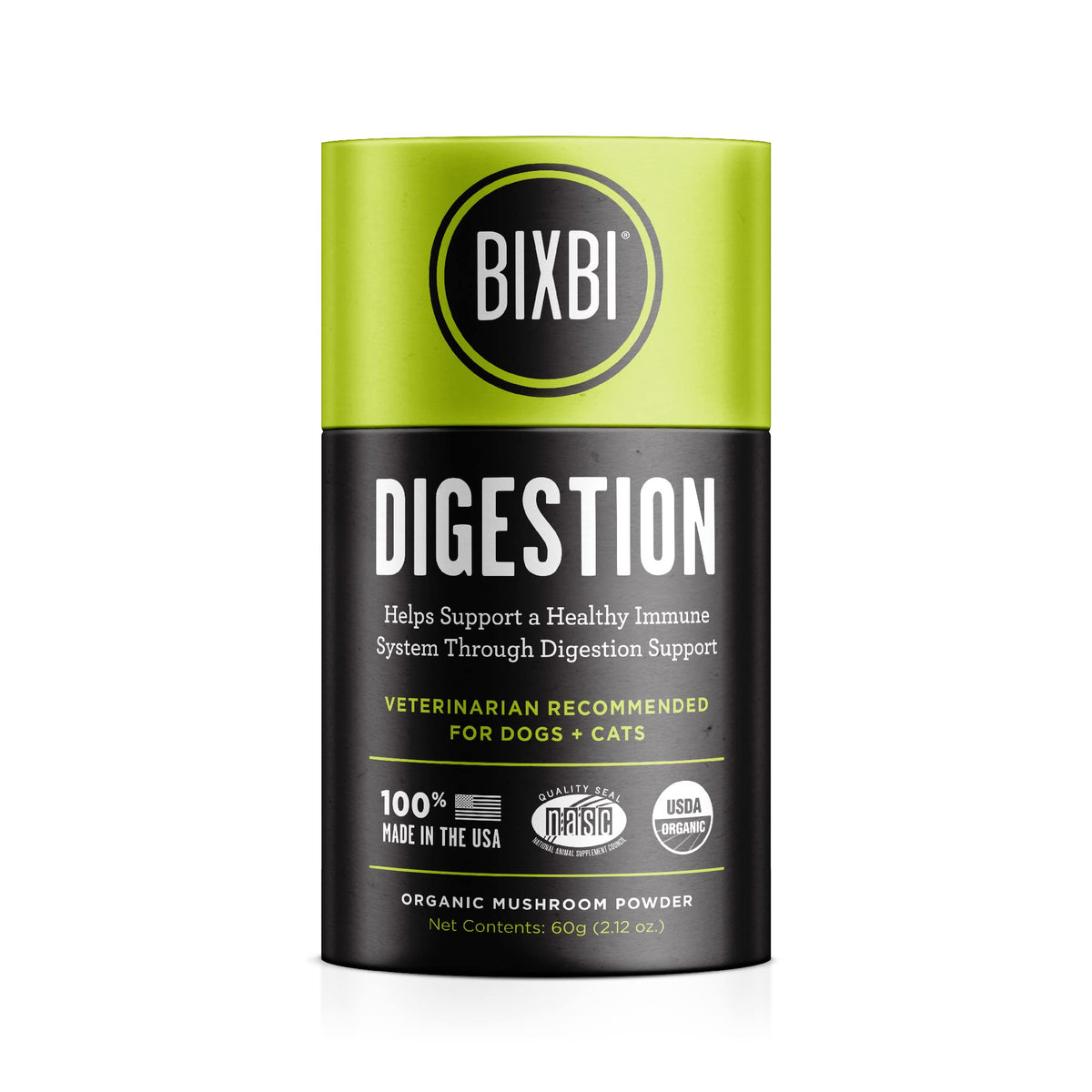 Bixbi Dog & Cat Clean Digestion Support, 2.12 Oz (60 G) - All Natural Organic Pet Superfood - Daily Mushroom Powder Supplement - Usa Grown & Usa Made - Veterinarian Recommended For Dogs & Cats