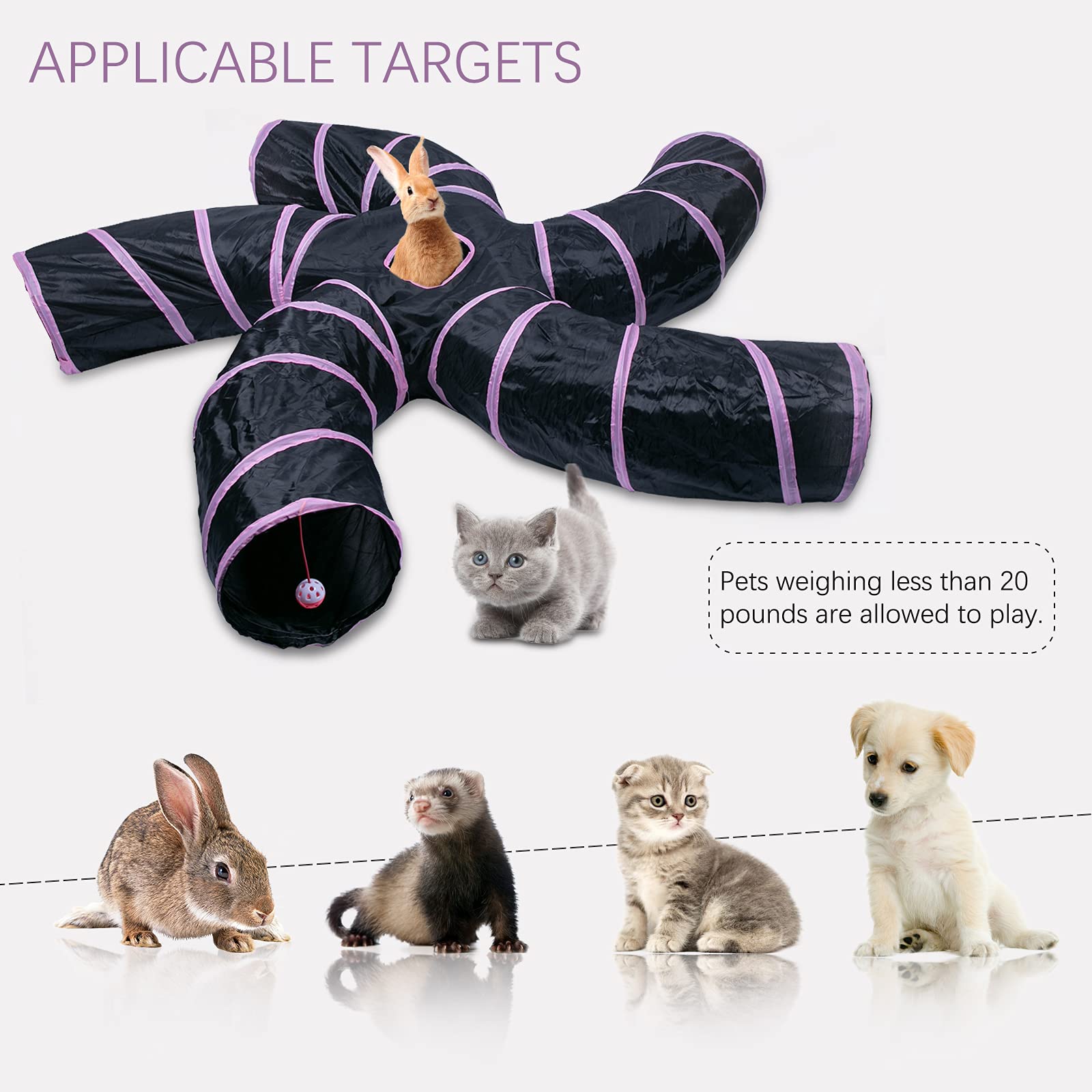 Egetota Cat Tunnel For Indoor Cats Large, With Play Ball S-Shape 5 Way Collapsible Interactive Peek Hole Pet Tube Toys, Puppy, Kitty, Kitten, Rabbit (Pink & Black)