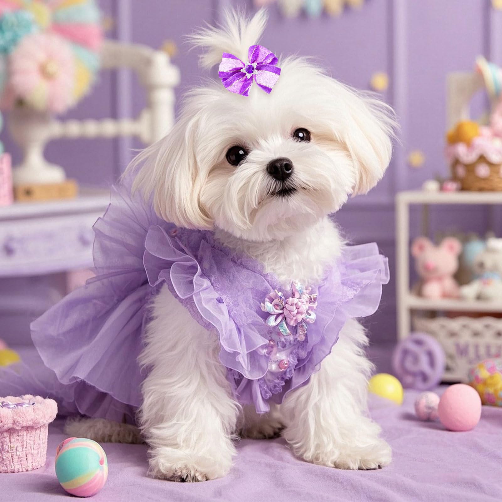 20 Pcs Cute Dog Hair Bows With Rubber Bands Elastic Handmade Mix Style Lace Rhinestone Pearls For Furry Puppy Cat Pet Girl, Purp