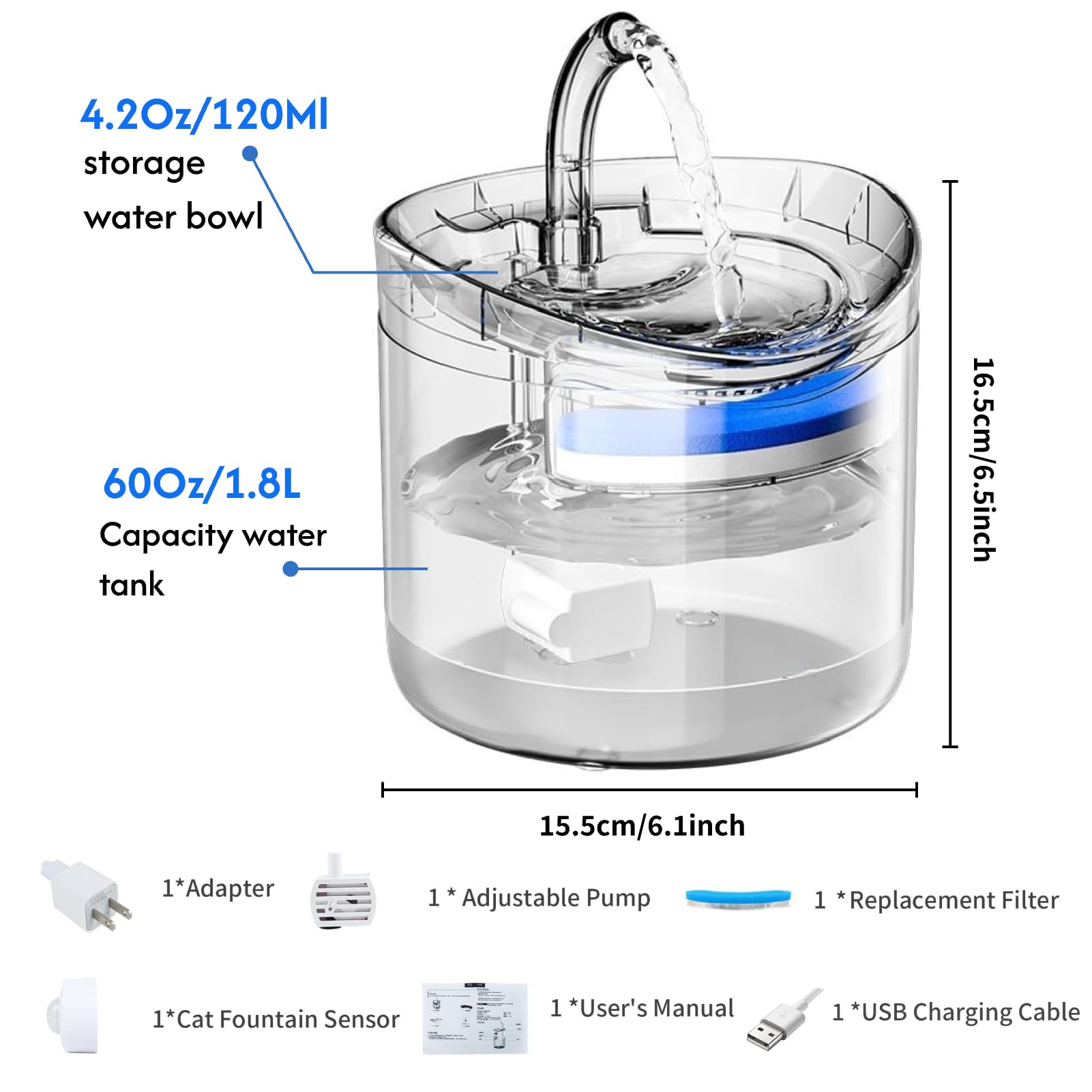 Huitban 61Oz/1.8L Pet Fountain, Automatic Cat Water Fountain With Energy-Saving Infrared Sensor, Dog Water Dispenser For Cats, D