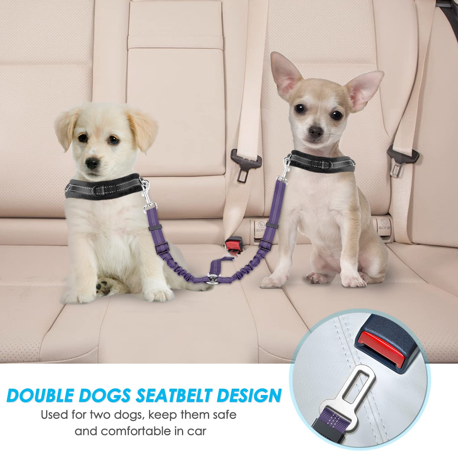 Slowton Dog Seat Belt, Double Dog Seatbelt Adjustable Vehicle Safety Leash With Elastic Bungee Buffer, Reflective No Tangle Y Shape Two Dog Harness Seat Belt Splitter For Pets Car Trip (Purple, S)