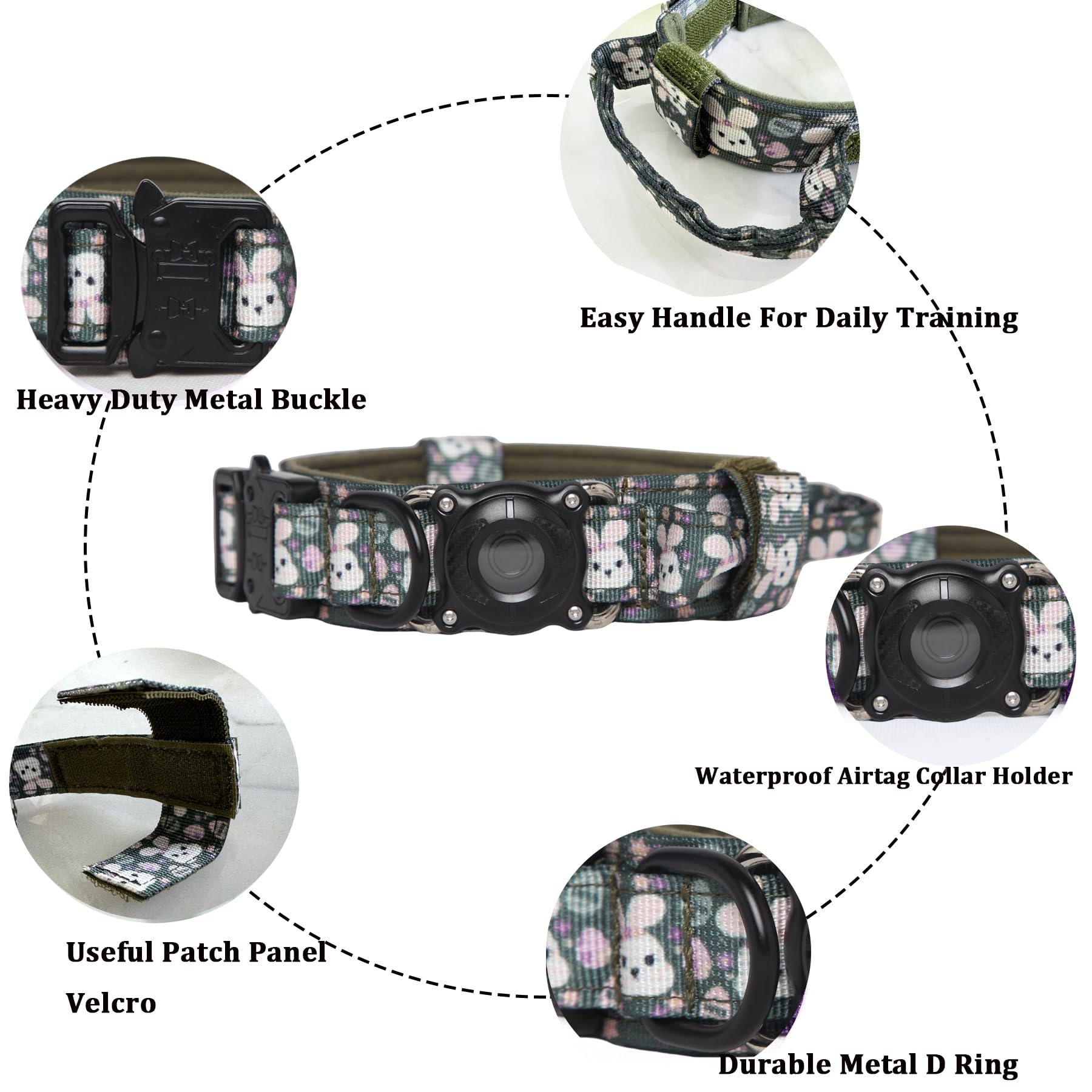 Tactical Dog Collar With Airtag Holder Waterproof Dog Airtag Collar With Control Handle (Rabbit