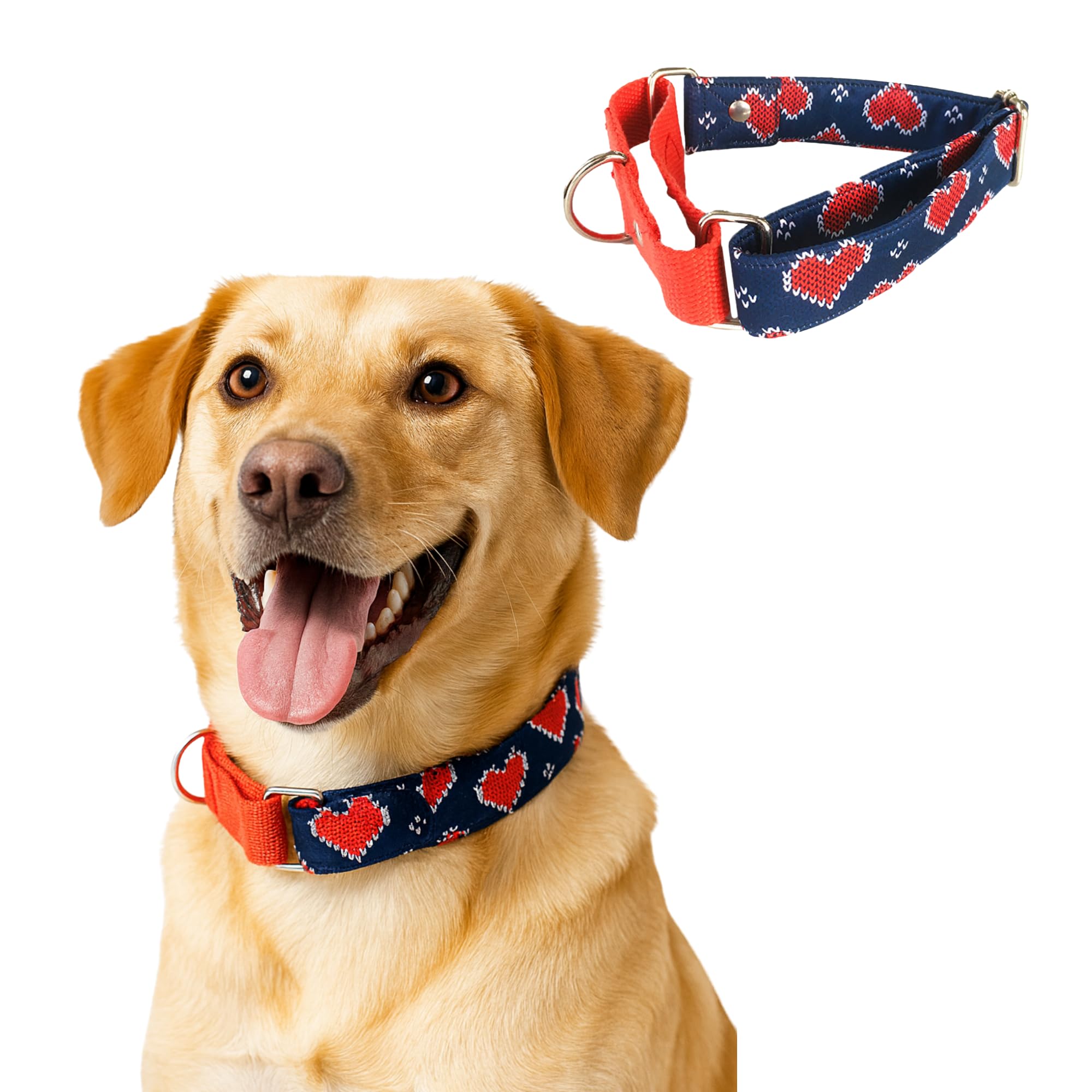 DogOBow Cotton Blue And Red Heart Martingale Dog Collar, Durable, Comfortable & Adjustable Training Collar (Large)