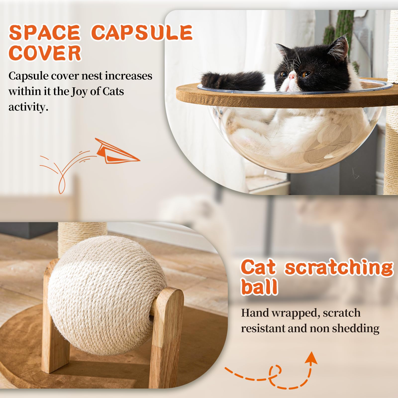 Modern Cat Tree for Indoor Cats, Wood Cat Tree with Natural Sisal-Covered Scratching Posts, Unique Cat Furniture Activity Center