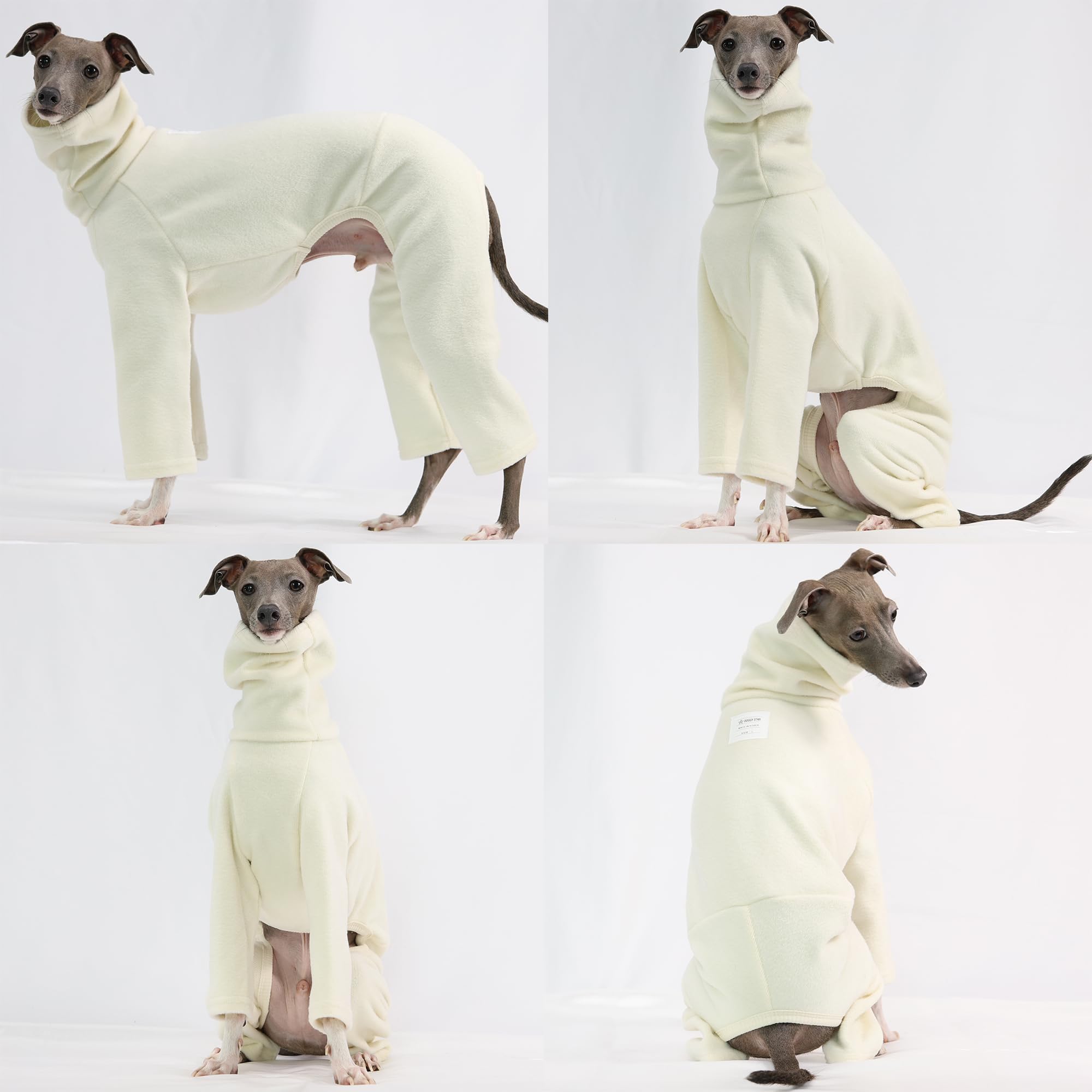 D Doggy Star Italian Greyhound Clothes Sweater Fleece Basic Onesie Whippet For Dog Turtleneck Outfits Coat (L,Flce Ivory)